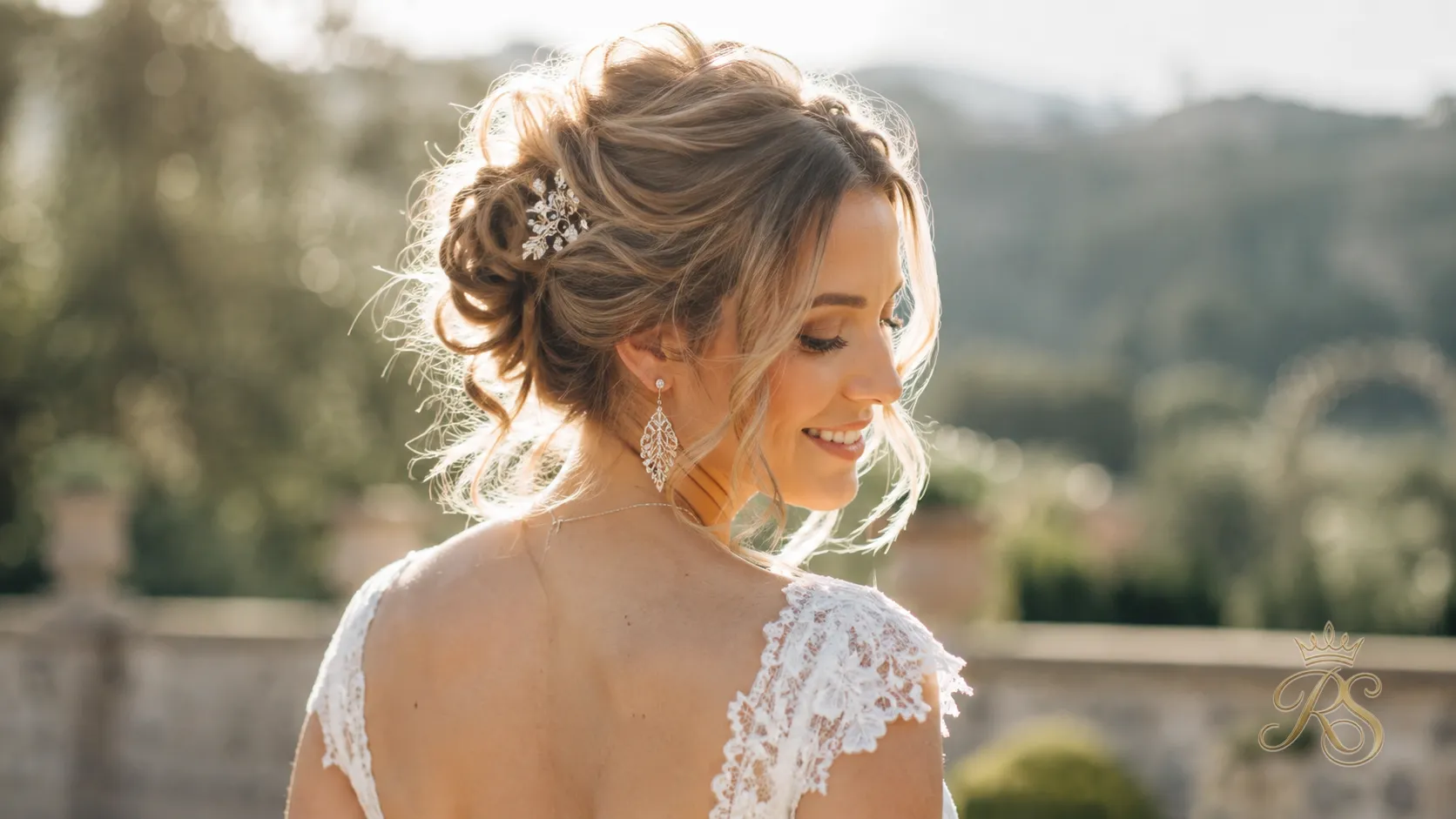 Bride with a textured heat-resistant updo styled for a summer wedding