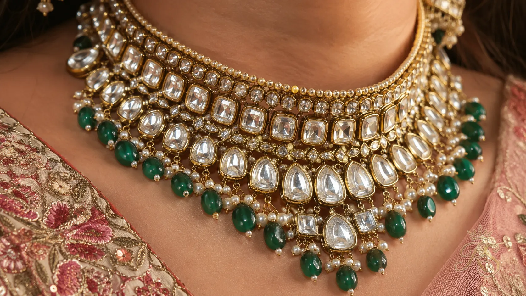 Close-up of a layered bridal choker necklace with kundan stone work