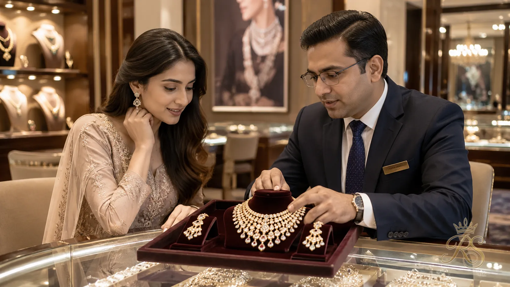 Bride and jeweller reviewing a bridal jewellery set at a jewellery store consultation