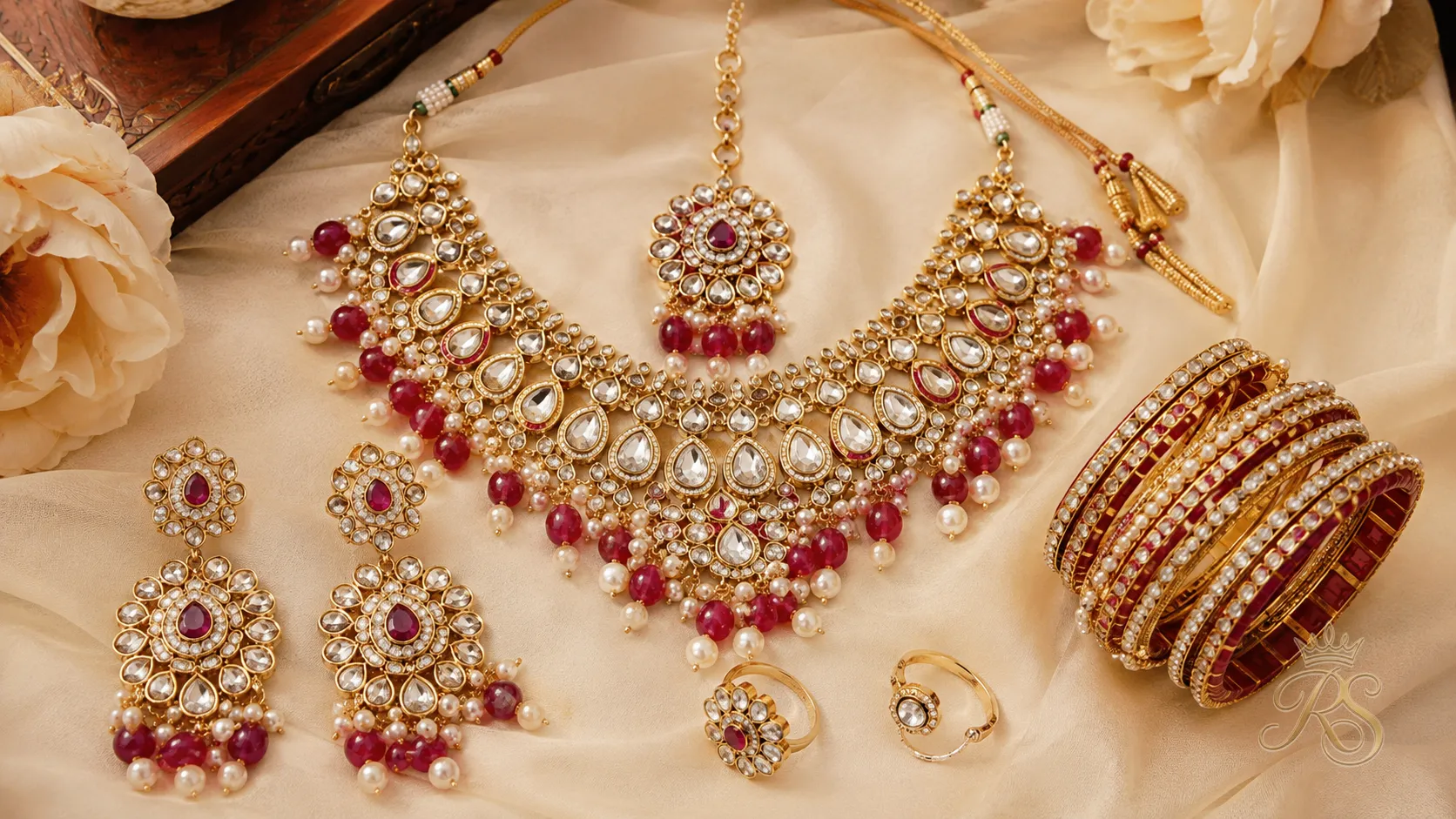 Complete flatlay of a full Indian bridal jewellery set including necklace, earrings, maang tikka, bangles and rings