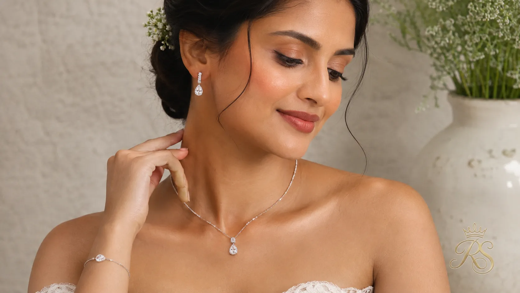 Contemporary minimalist bridal jewellery set with clean lines and a single statement stone