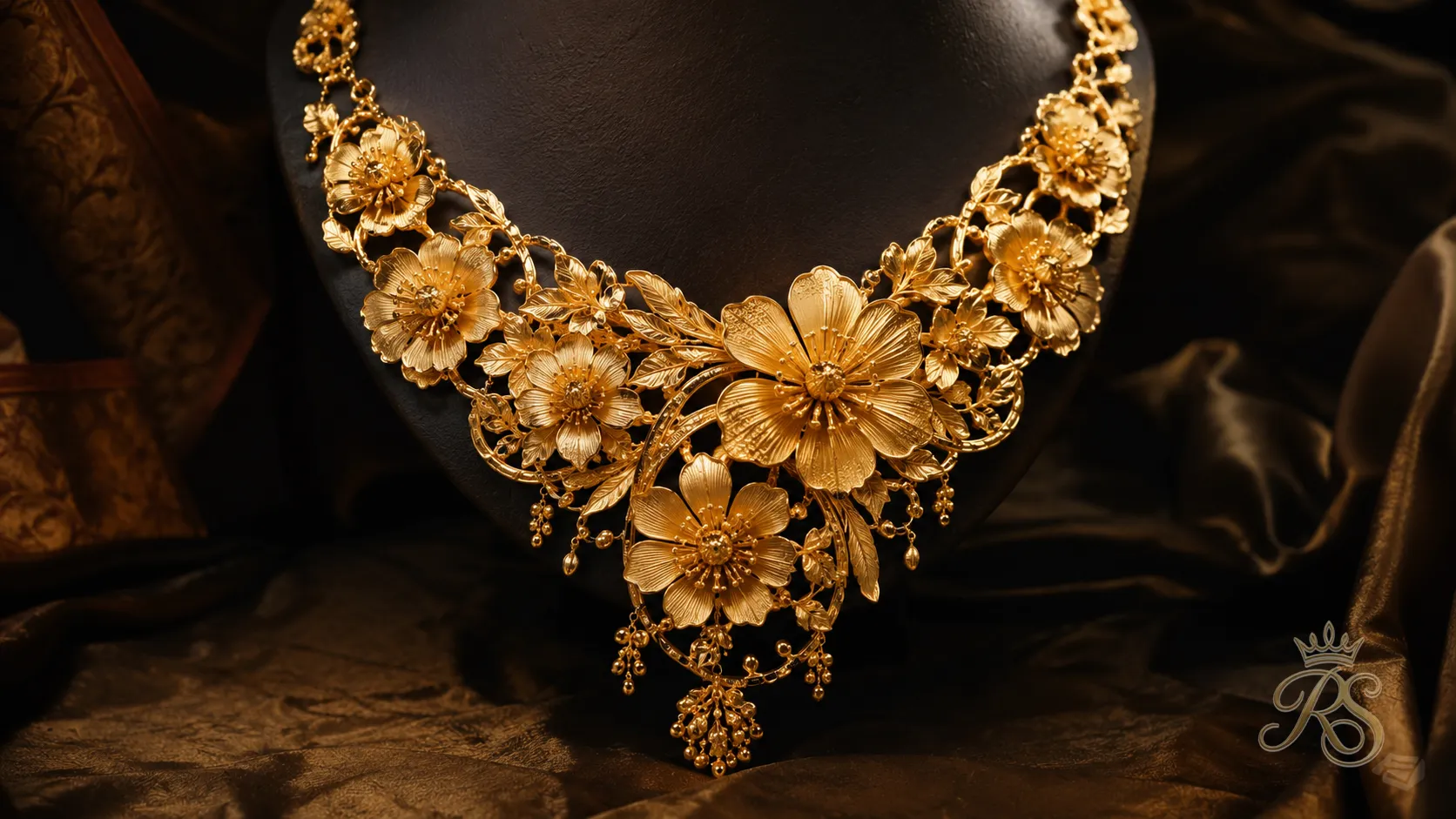 Designer-inspired sculptural gold bridal necklace with three-dimensional floral motifs