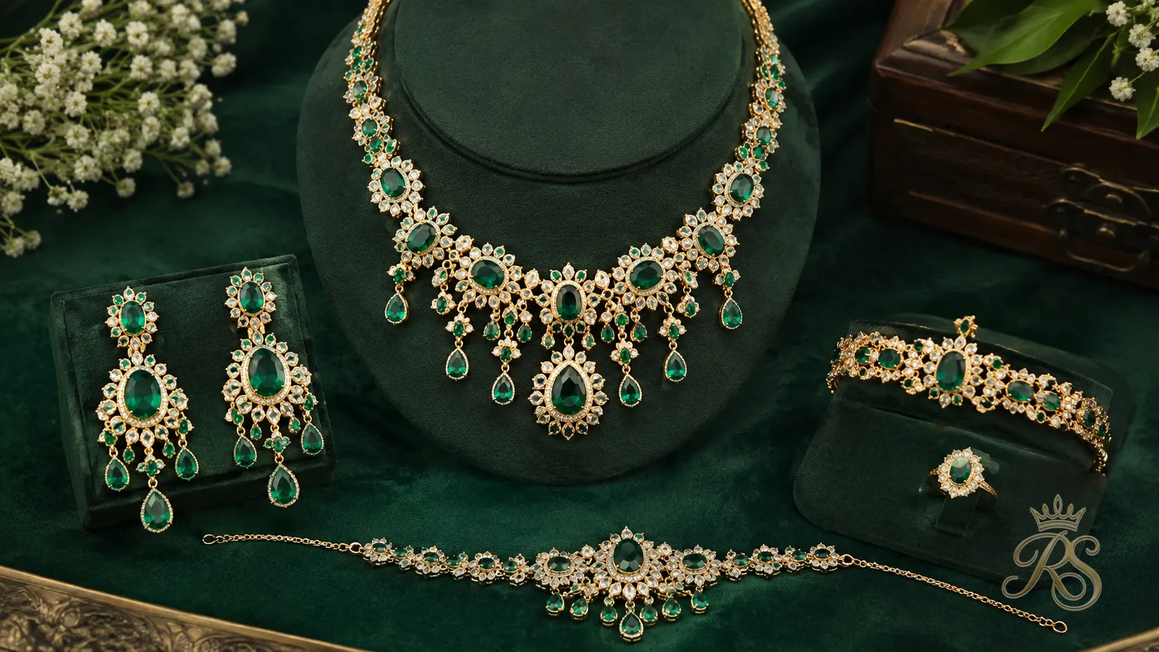 Emerald bridal jewellery set with green stones set in gold