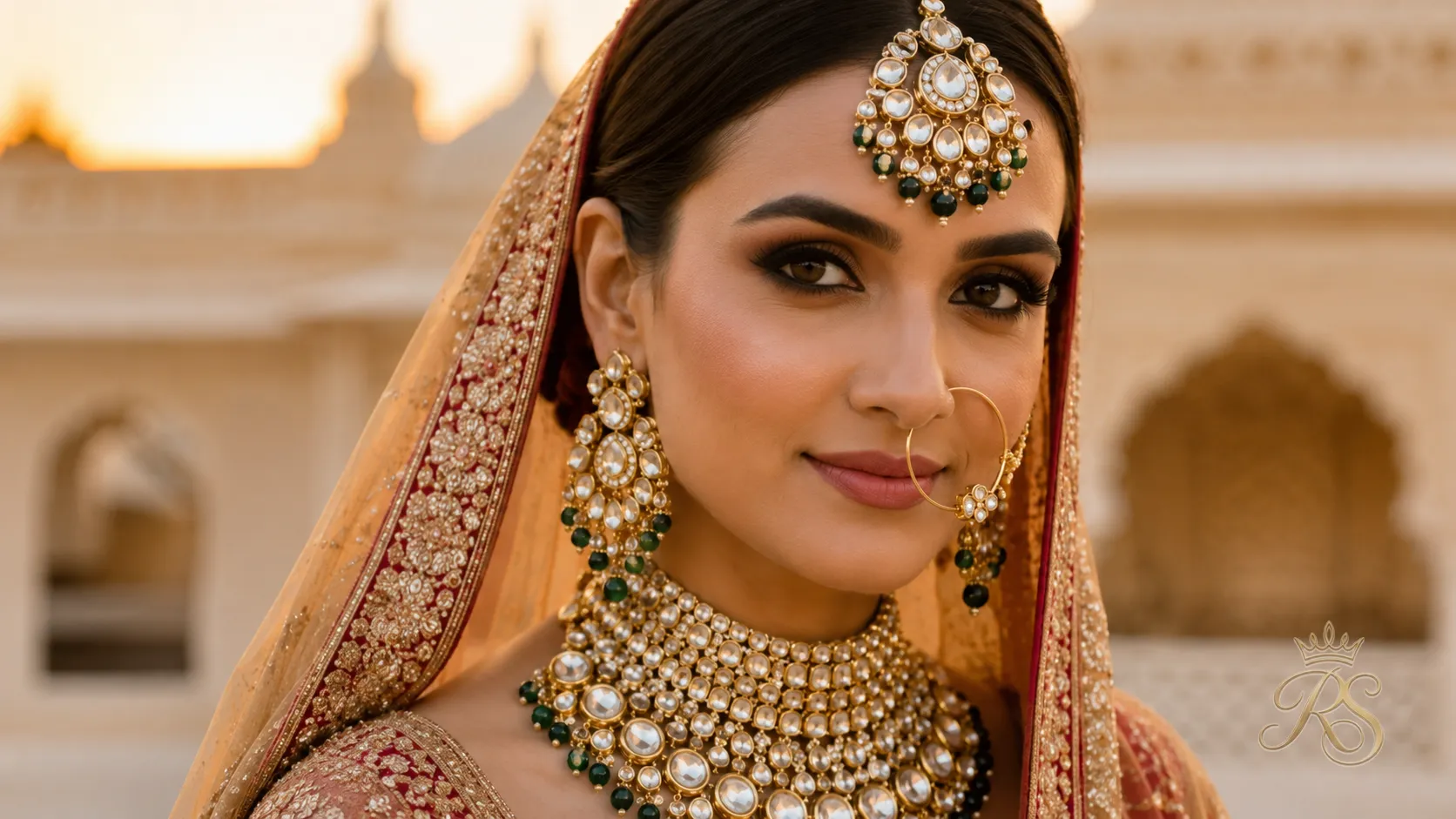 Indian bride wearing an elaborate layered kundan and polki bridal jewellery set, close-up portrait