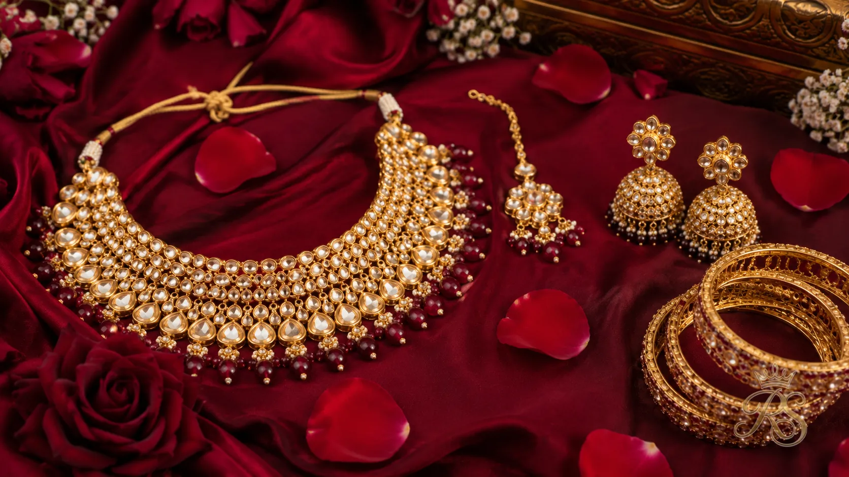 Flatlay of trending 2026 bridal jewellery pieces including necklace, earrings, maang tikka and bangles on silk fabric
