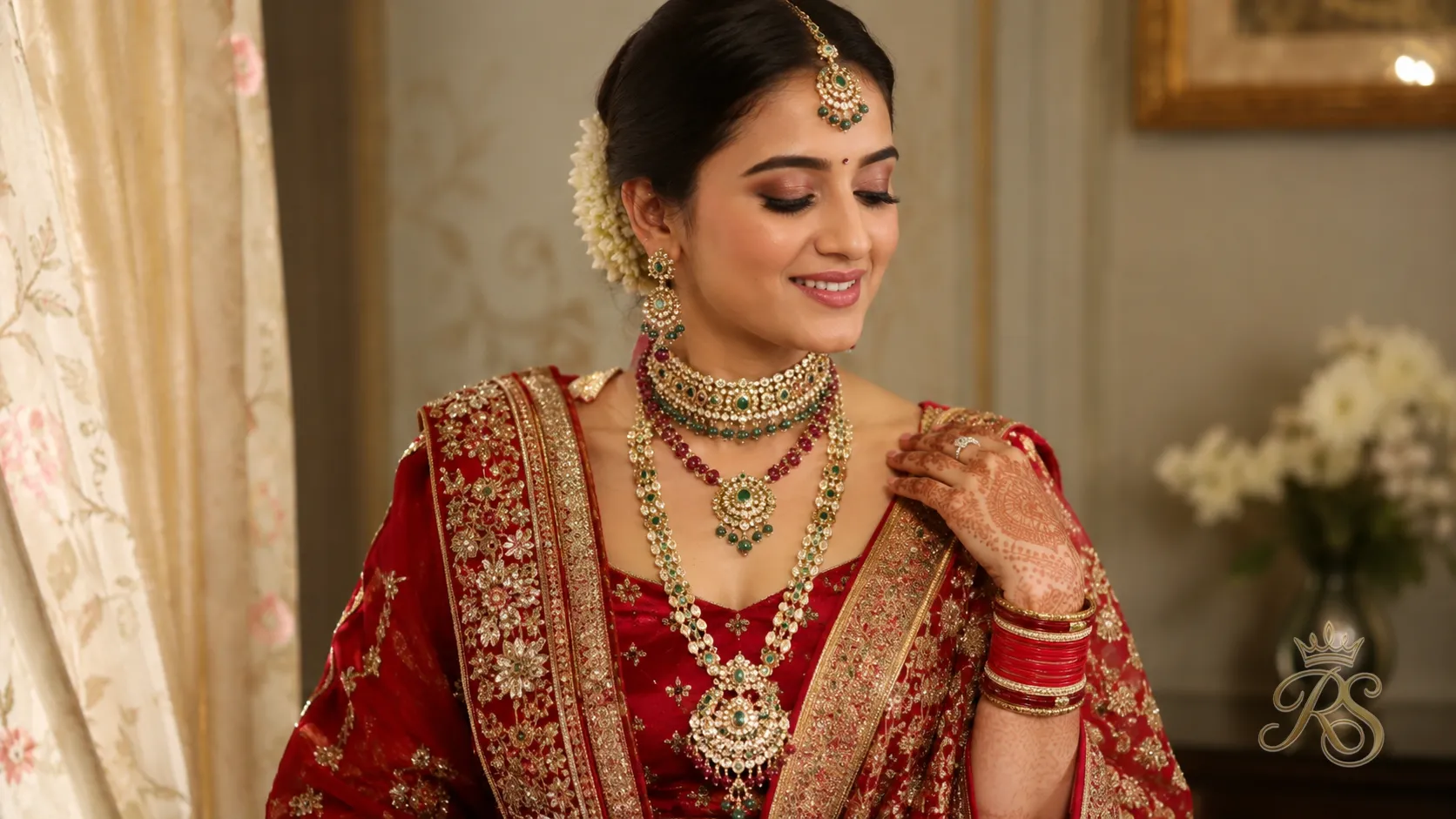 Bride demonstrating layered necklace styling with a choker, mid-length necklace and long rani haar