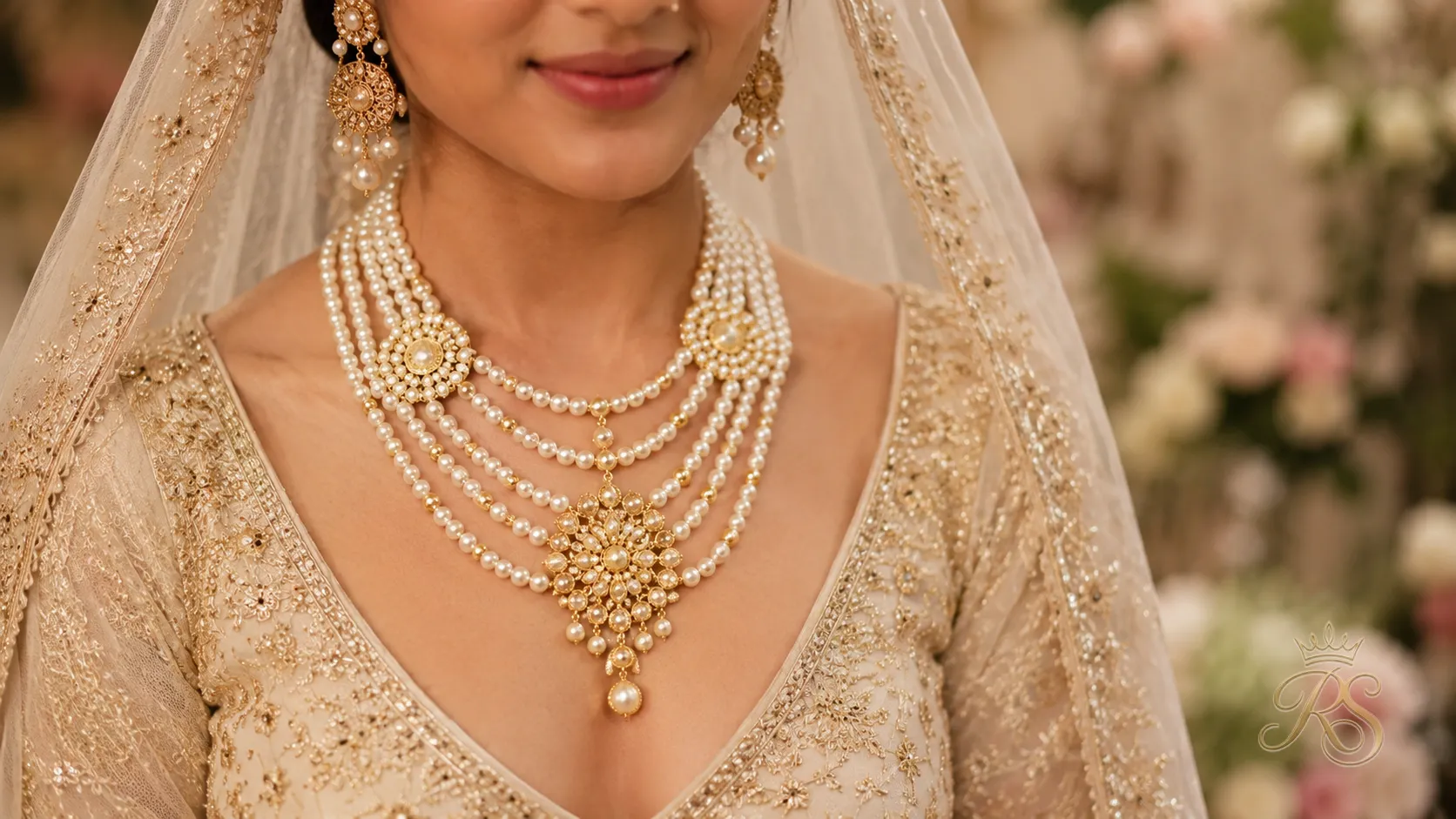 Layered pearl bridal necklace set with gold accents