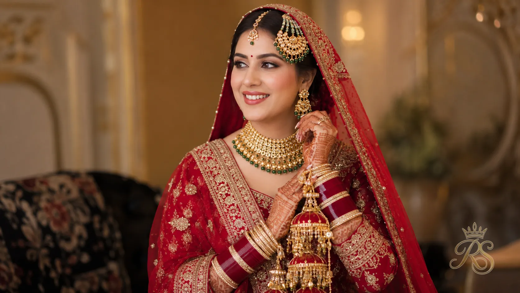 Punjabi bride wearing a statement choker set with a jhoomer maang tikka and kaleere