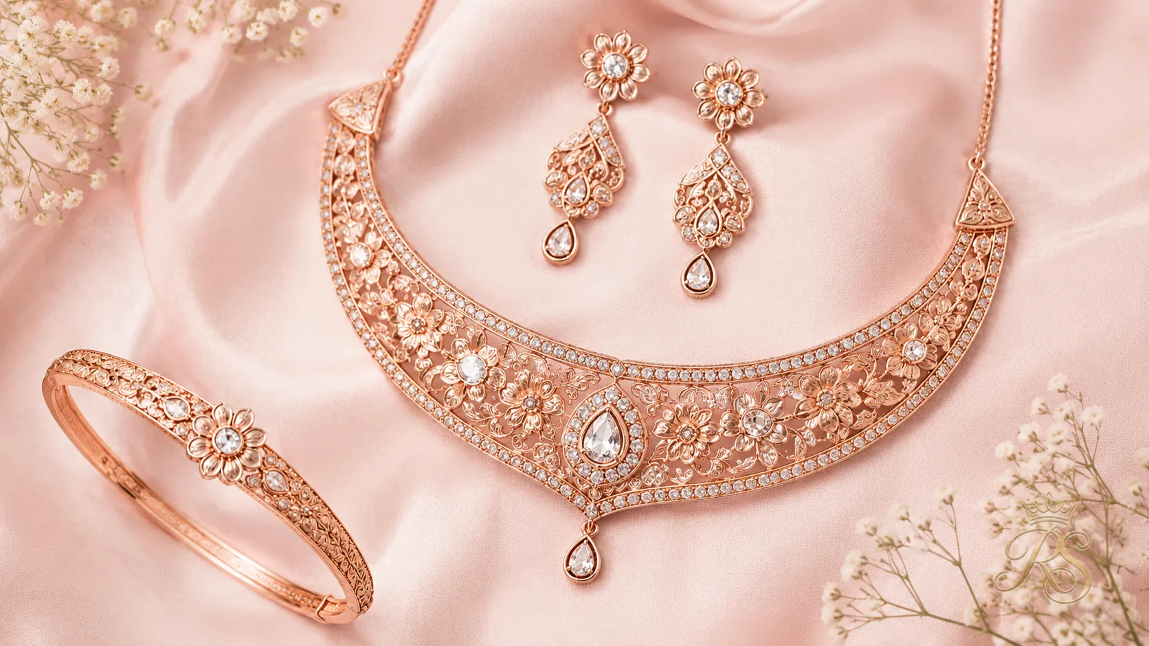Rose gold bridal jewellery set with delicate floral engraving