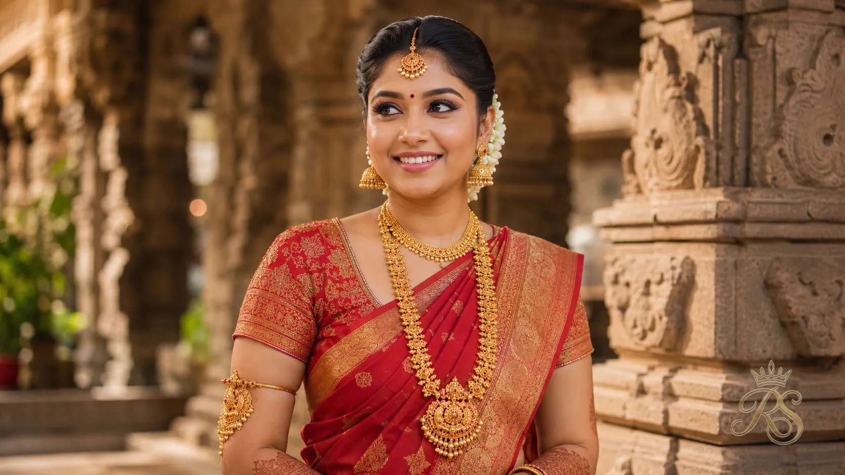 South Indian bride wearing traditional temple jewellery including a long haram and jhumkis