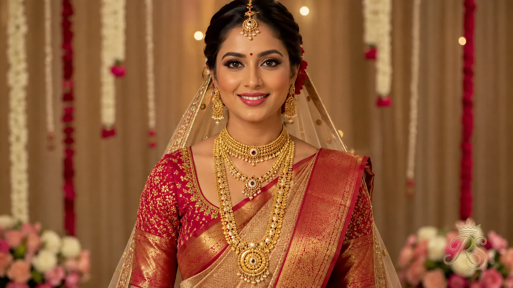 Bride wearing three layered gold necklaces of varying lengths for a bridal jewellery look