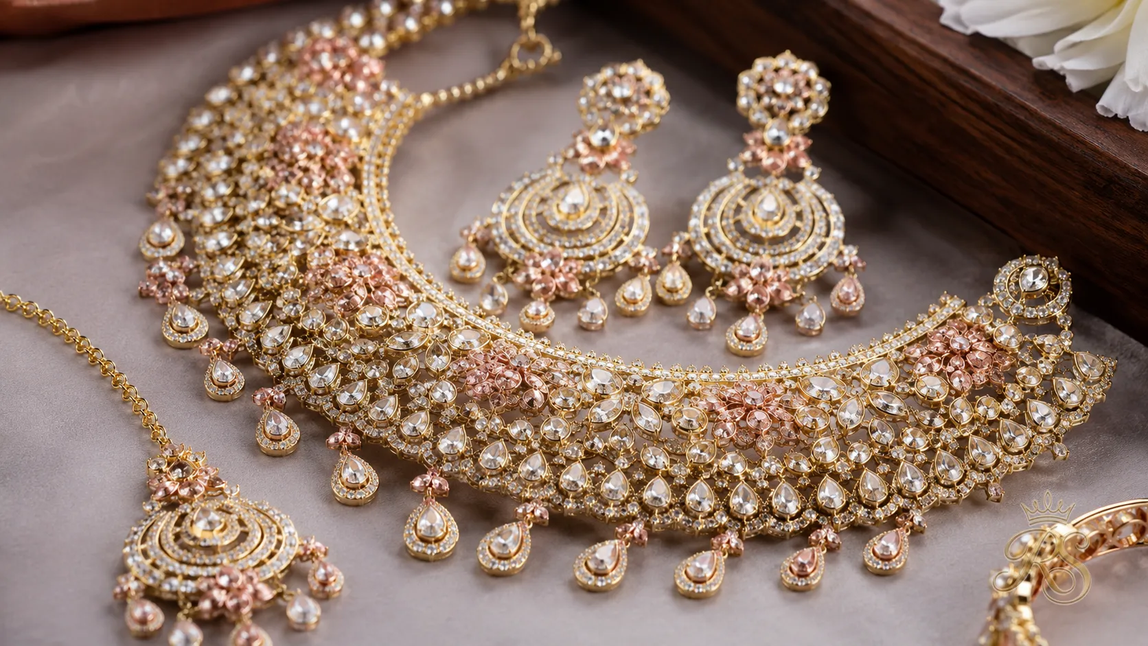 Bridal jewellery set combining rose gold and yellow gold tones in one design