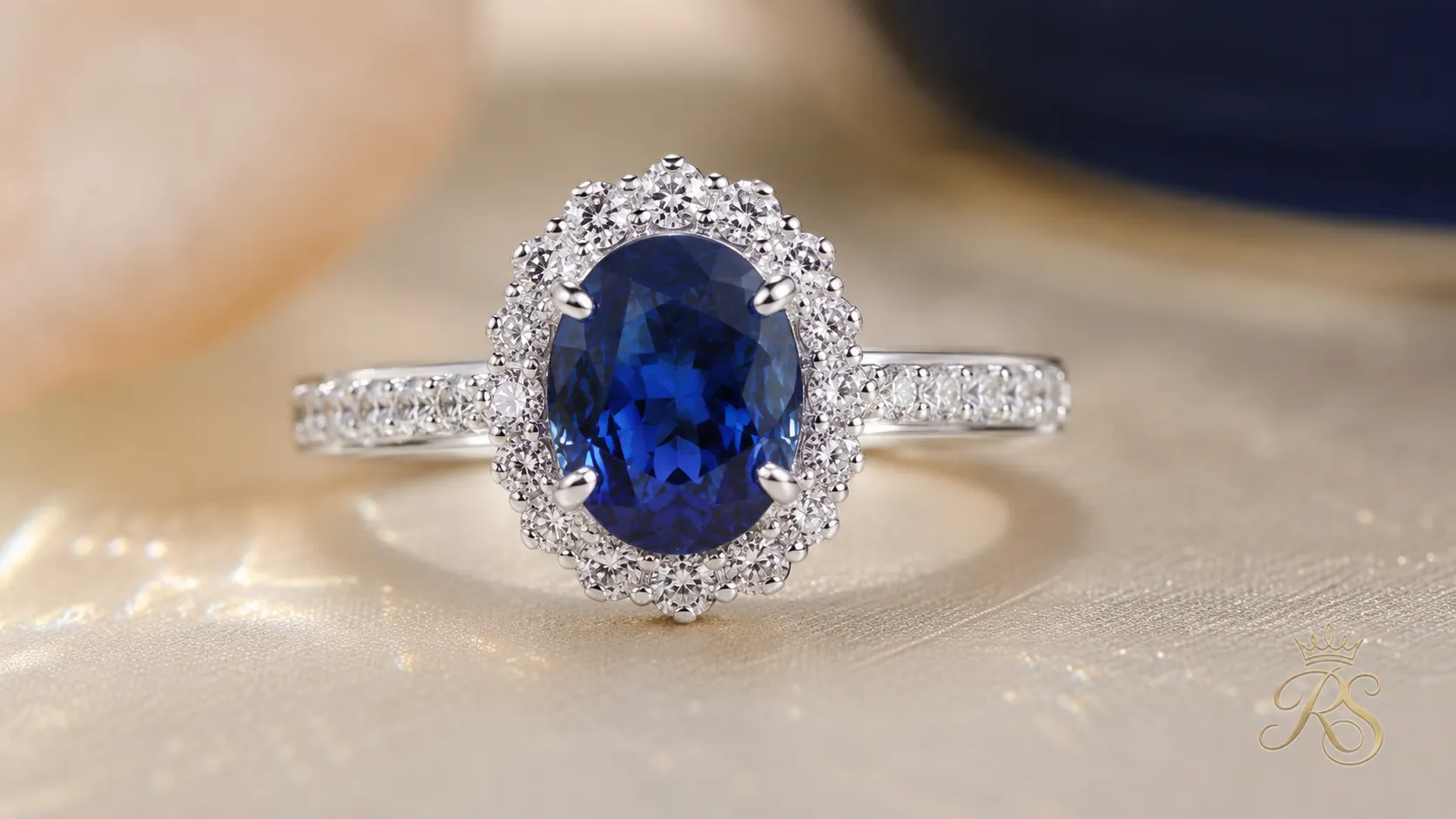 Blue sapphire engagement ring surrounded by a diamond halo, close-up shot