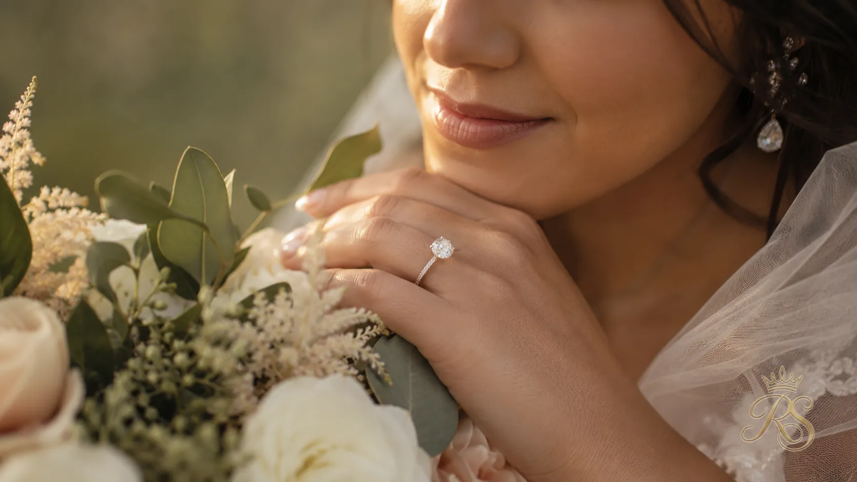 Final close-up portrait of a bride's hand showcasing her engagement ring in soft natural light