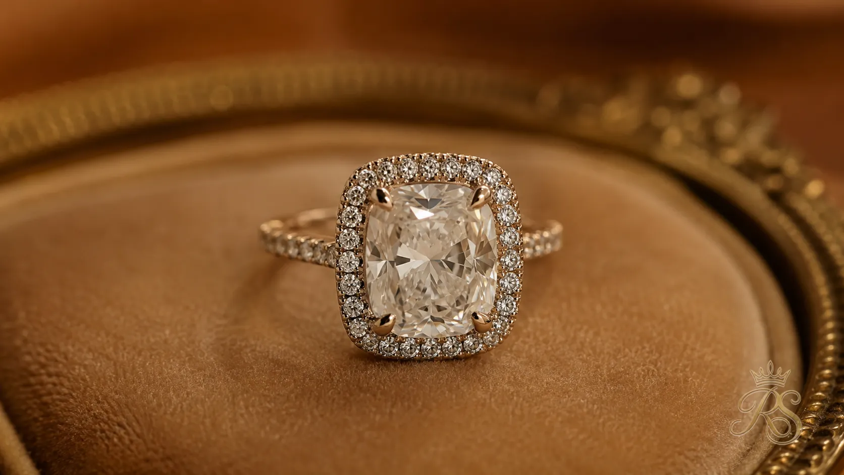 Cushion cut diamond engagement ring with soft rounded corners in a halo setting