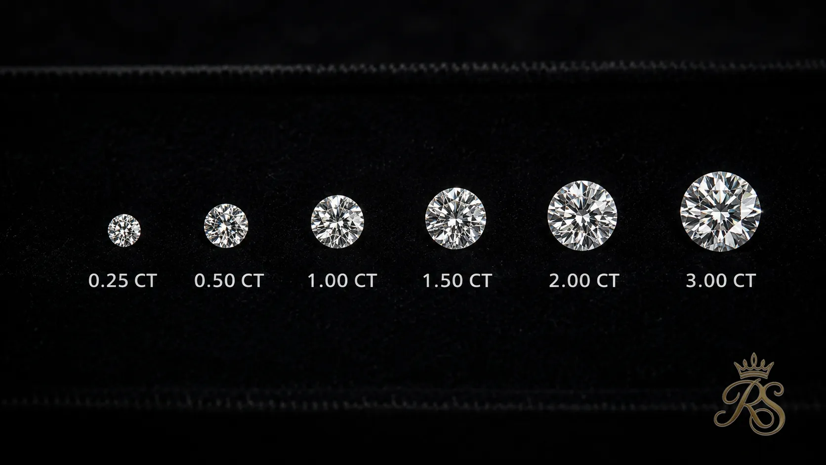 Diamond carat weight size comparison chart displayed on black velvet
