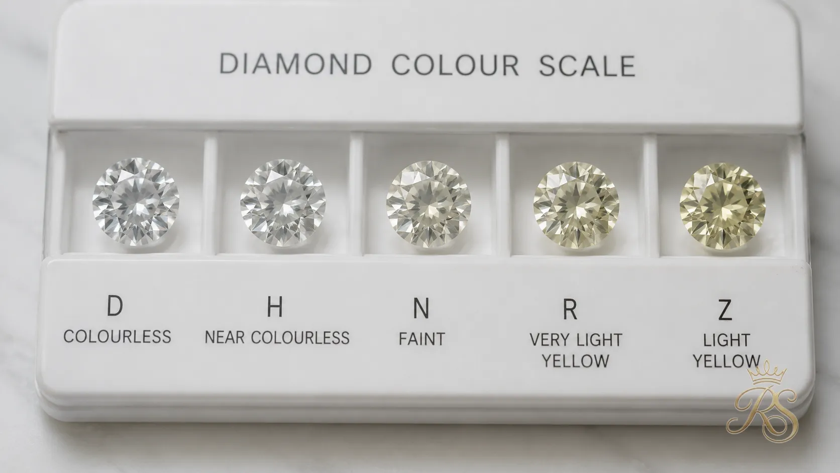 Diamond color grading scale showing stones from colorless to faint yellow