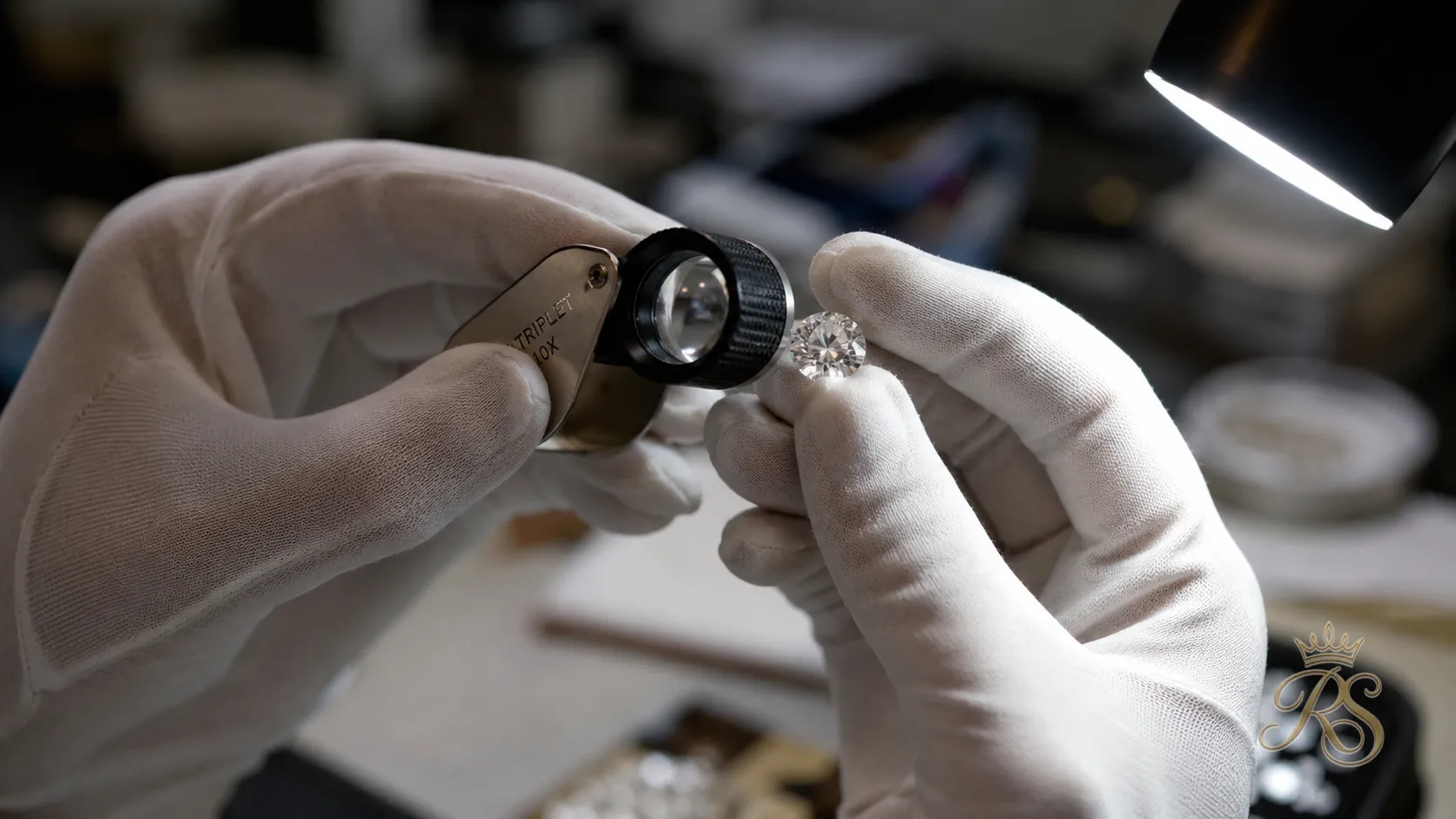 Jeweler examining a loose diamond with a loupe to assess its cut and clarity