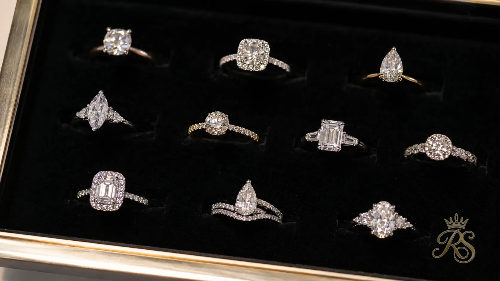 Jeweler's velvet tray displaying an assortment of diamond engagement rings in different styles