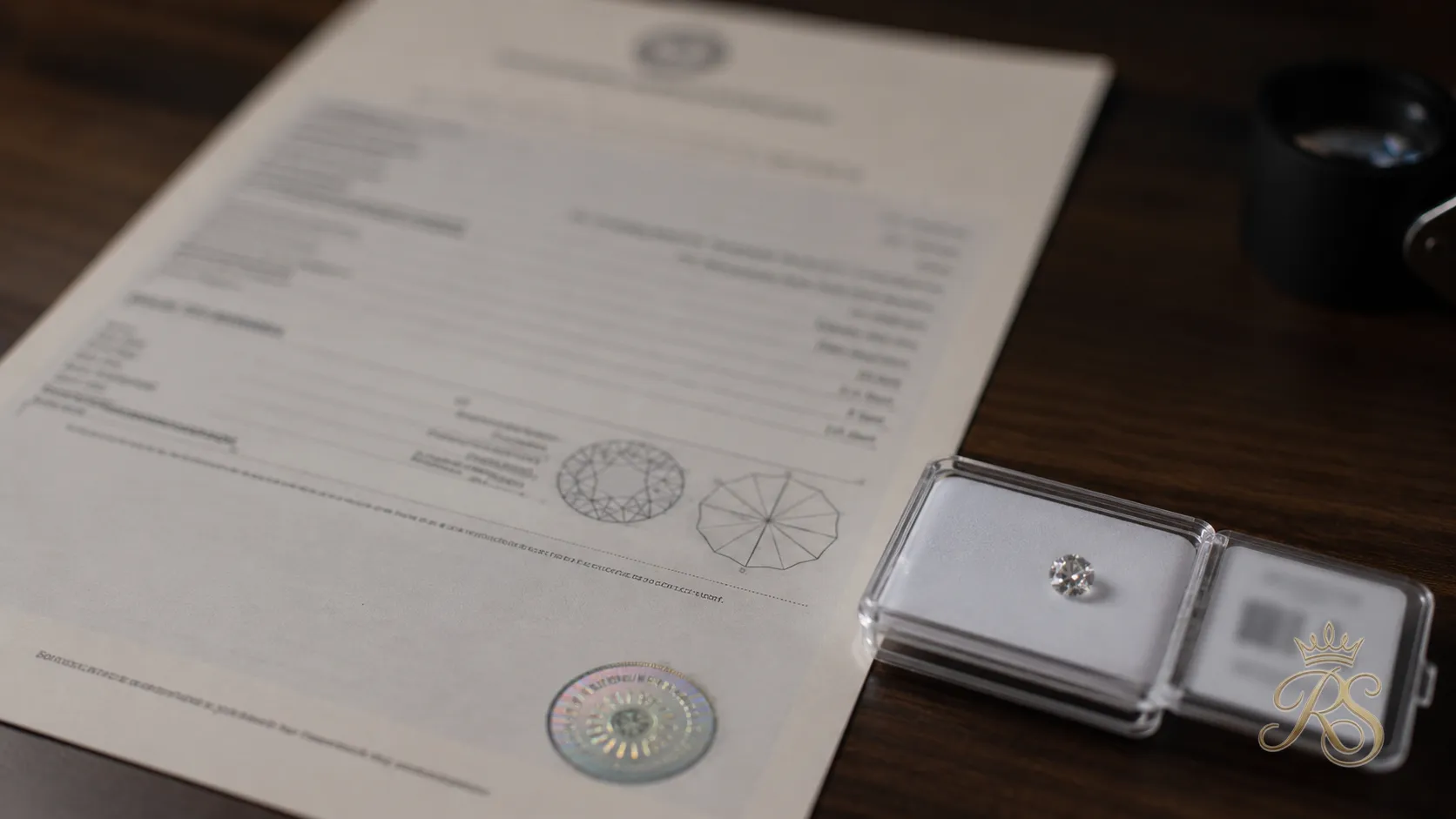 GIA diamond certification report displayed alongside a loose certified diamond