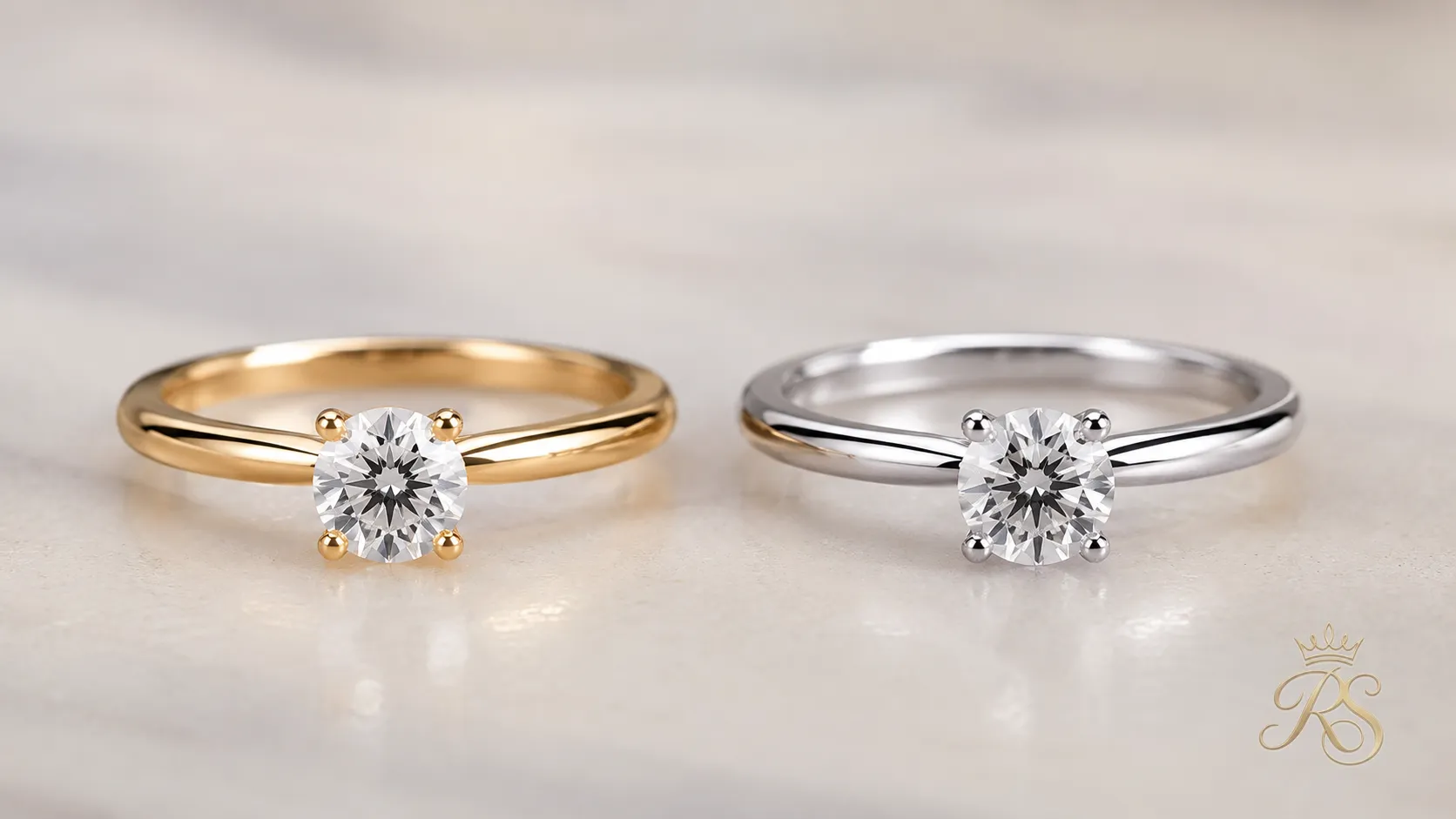 Side-by-side comparison of yellow gold and platinum engagement ring bands