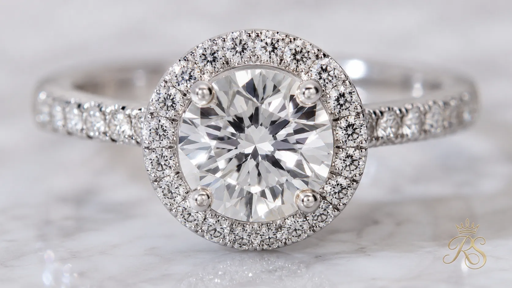 Halo setting with a center diamond encircled by a ring of smaller pave diamonds