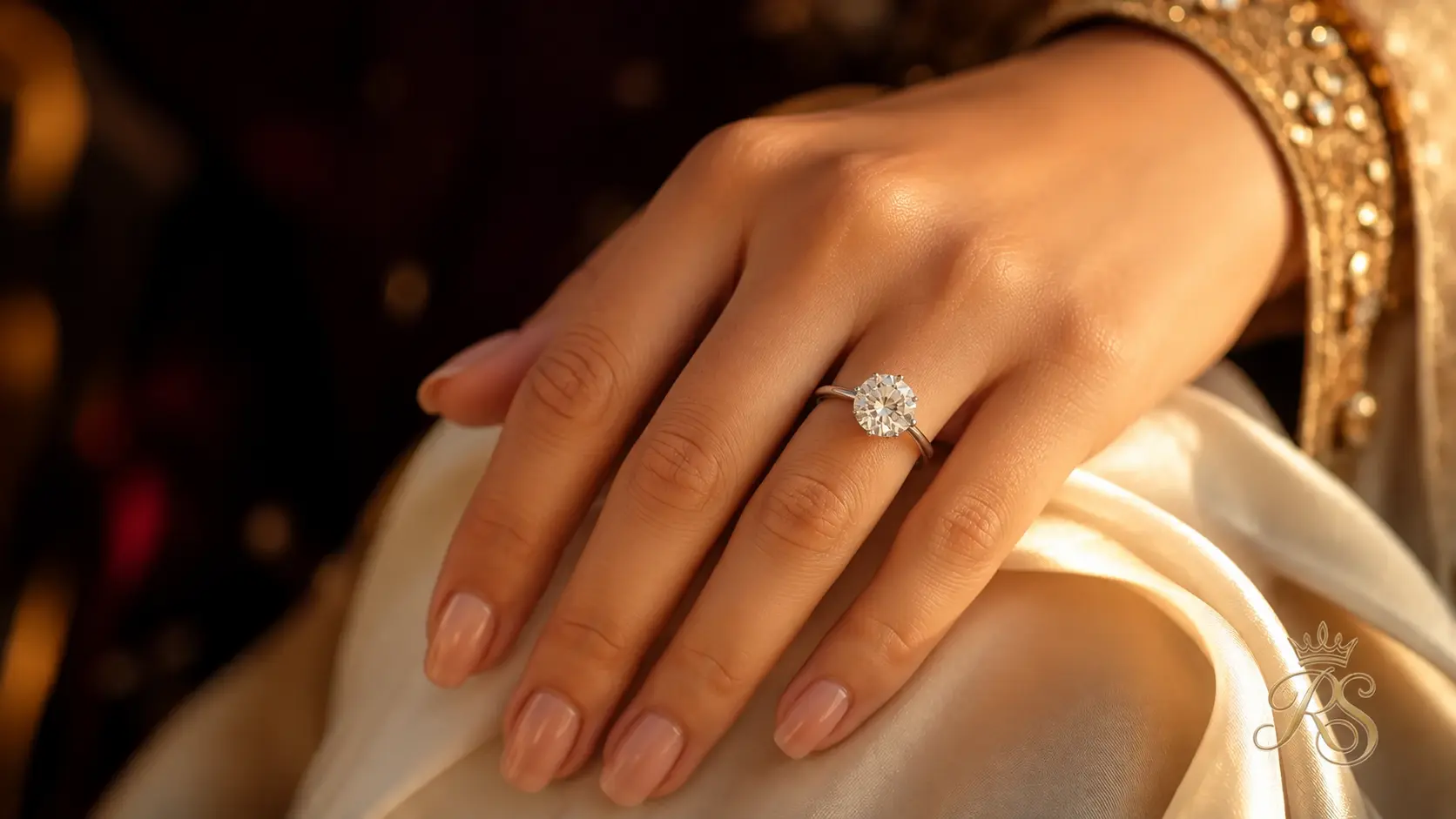 Close-up of a bride's hand wearing a luxury diamond engagement ring resting on ivory silk