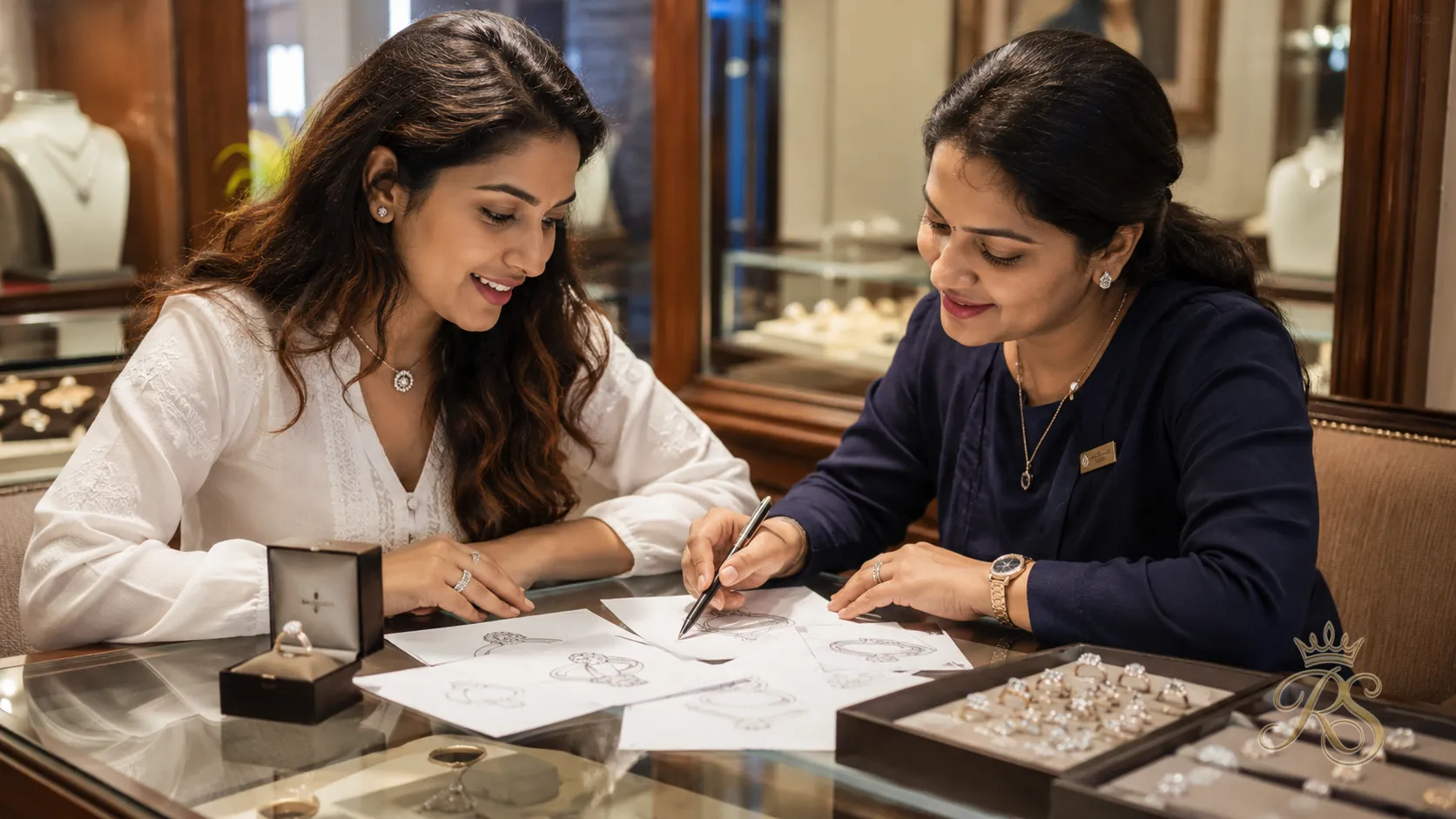 Bride-to-be and jeweler discussing a custom engagement ring design together
