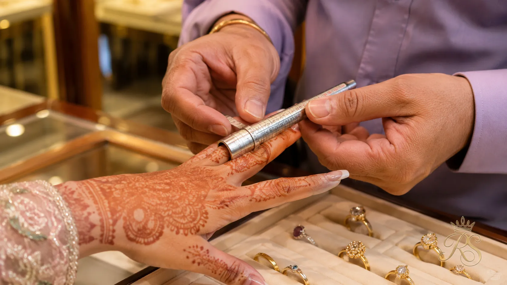 Jeweler measuring a bride's ring finger with a metal ring sizer tool