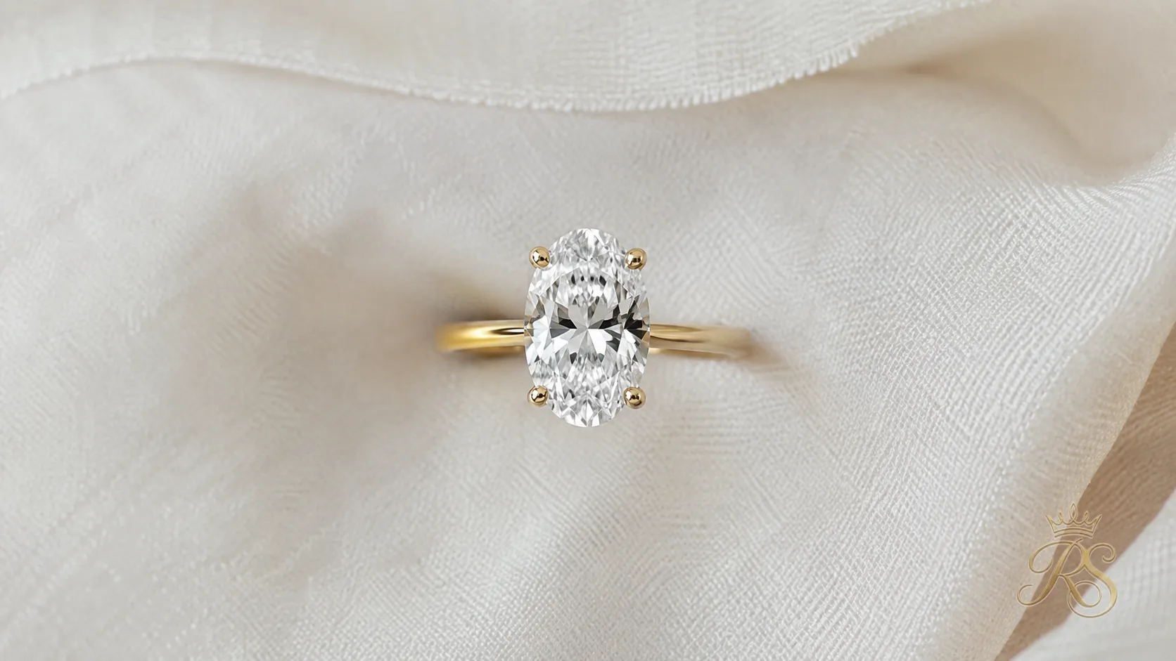 Oval cut diamond engagement ring shown from a top-down angle