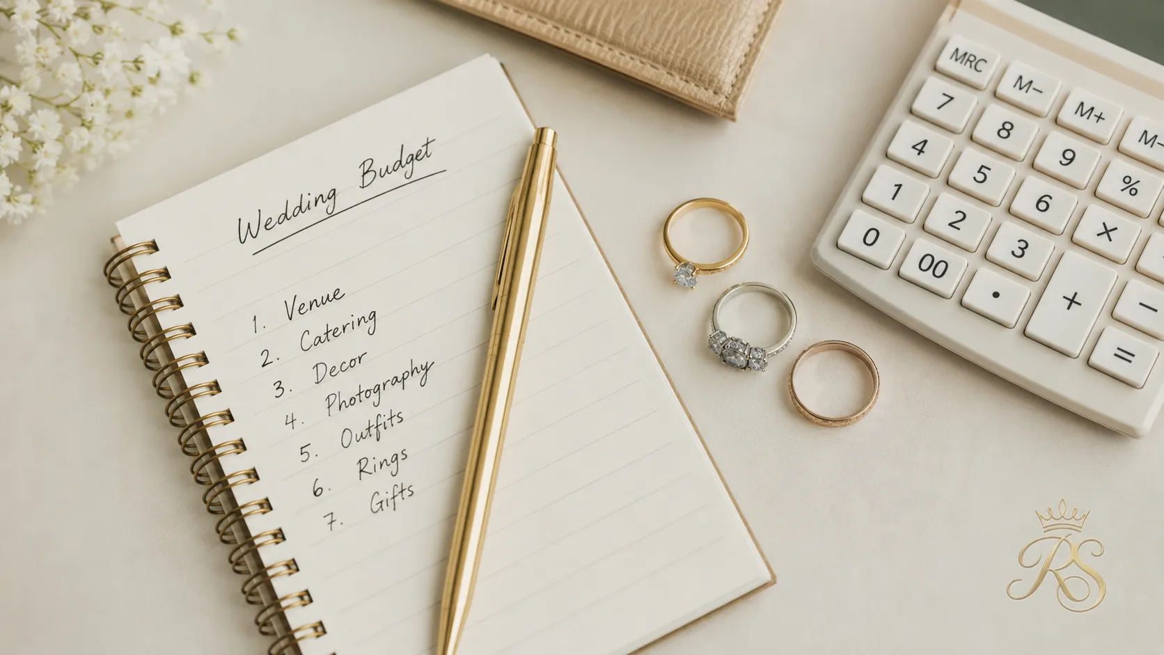 Flatlay of engagement rings, a calculator, and notes for budgeting a ring purchase