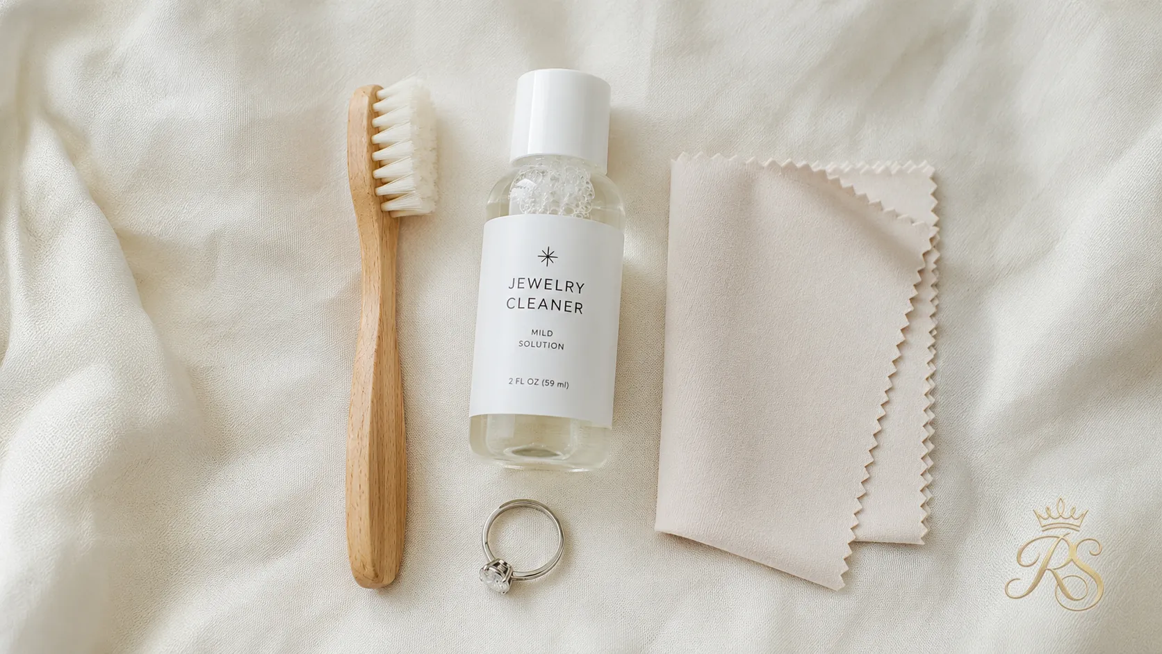 Flatlay of a ring care kit including a soft cleaning brush, mild solution, and polishing cloth