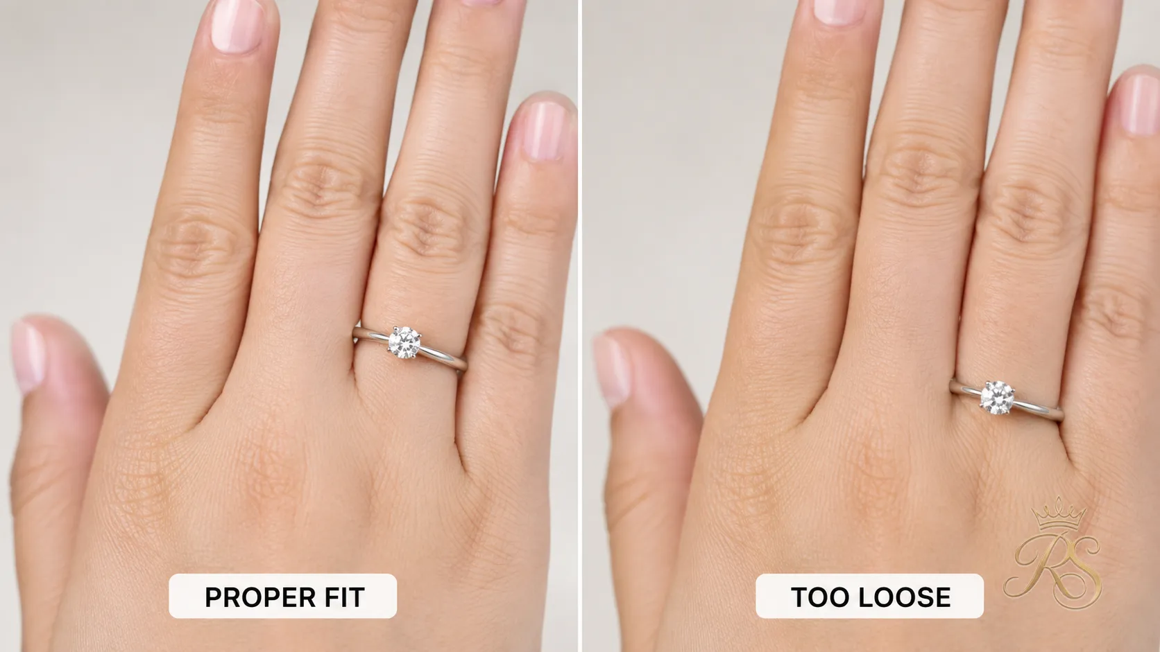 Side-by-side comparison of a properly fitted ring versus a loose, ill-fitting ring