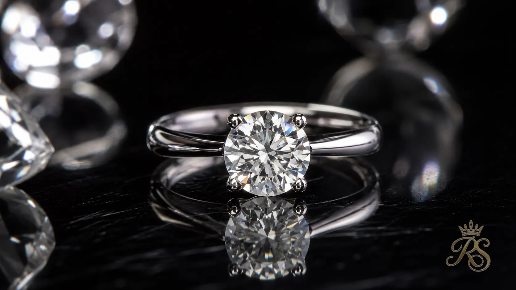 Round brilliant cut diamond engagement ring photographed on a reflective surface