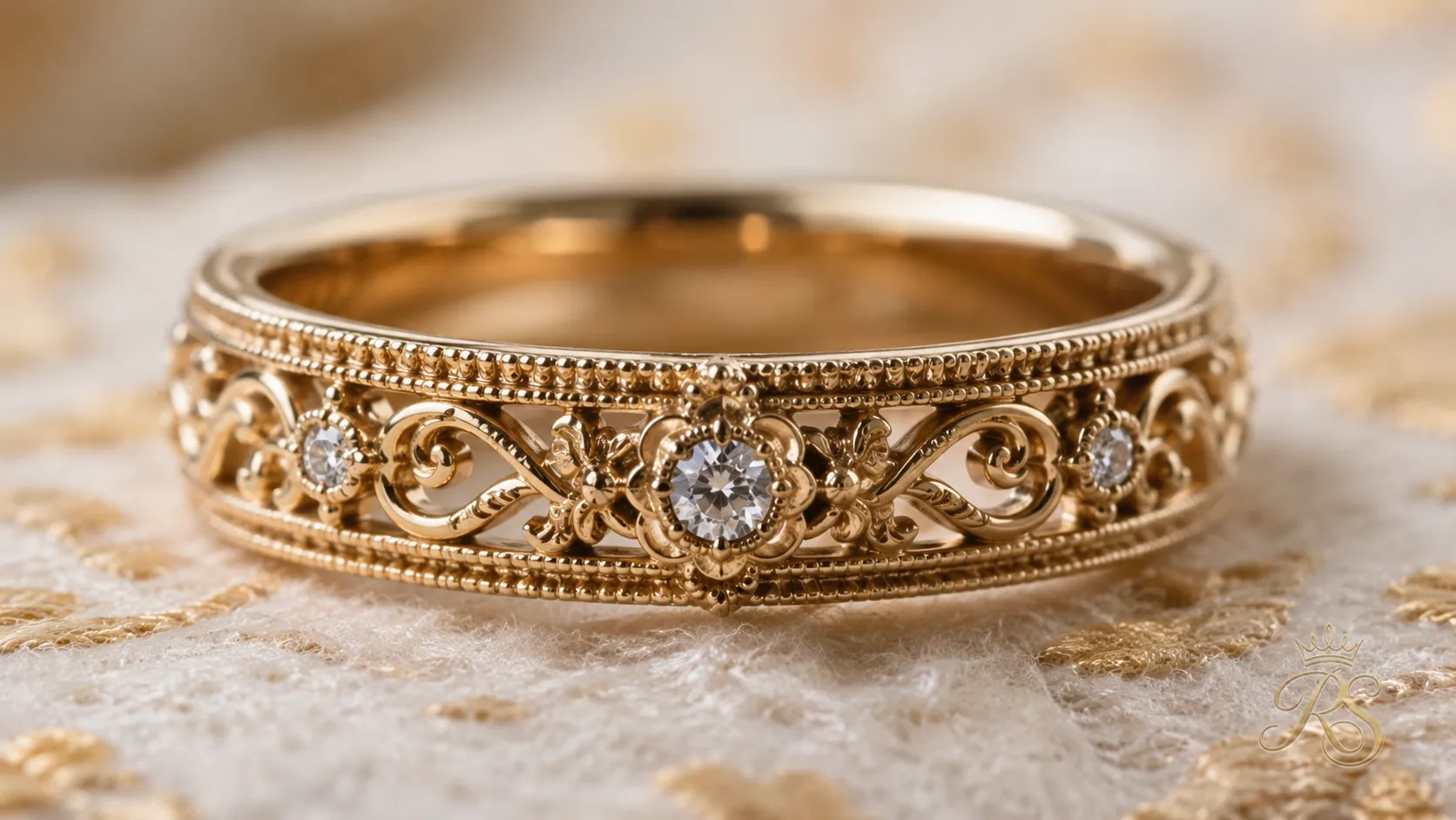 Vintage-inspired ring band with milgrain edging and filigree detailing
