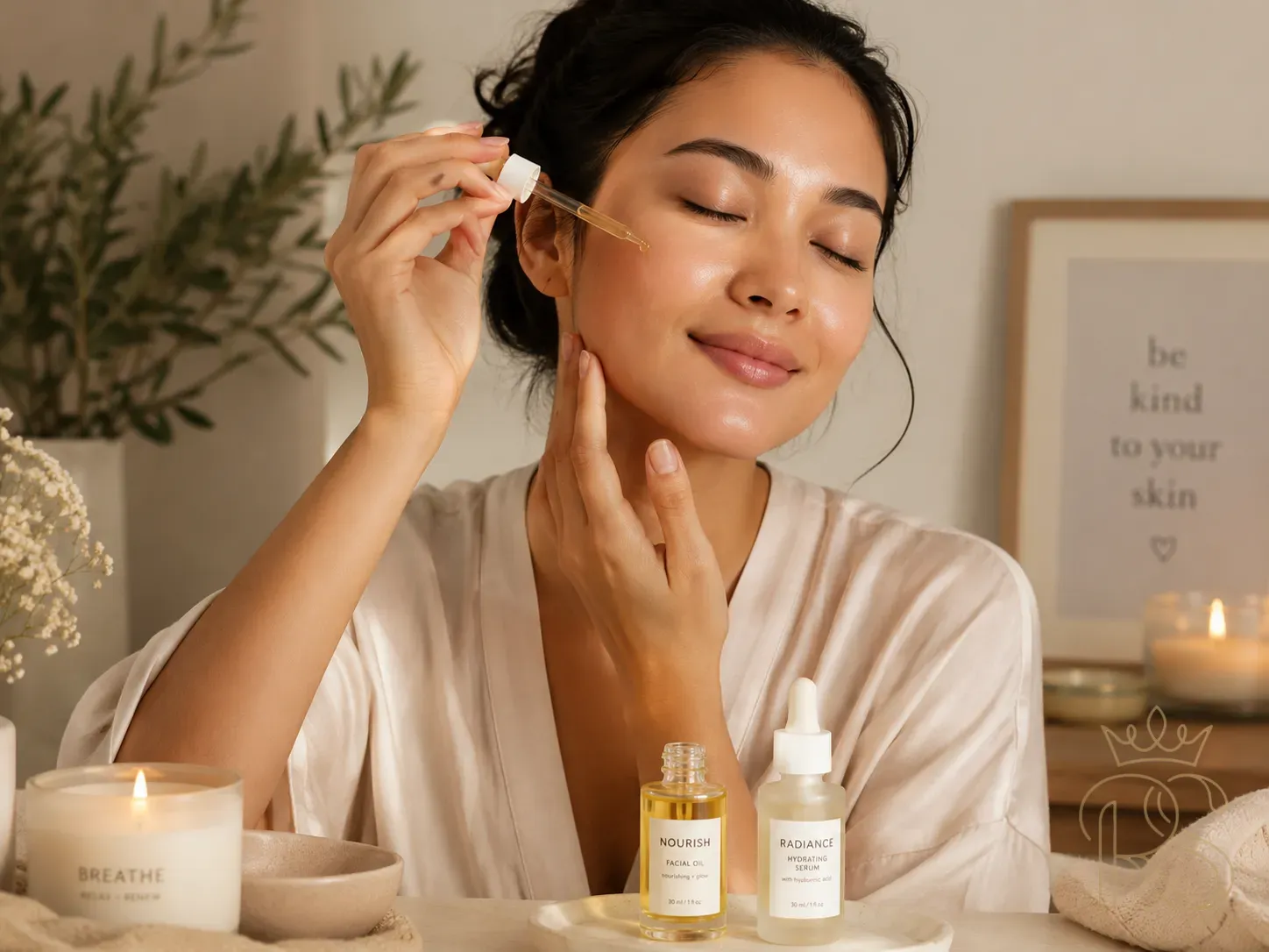Serene skincare ritual with facial oil and serum