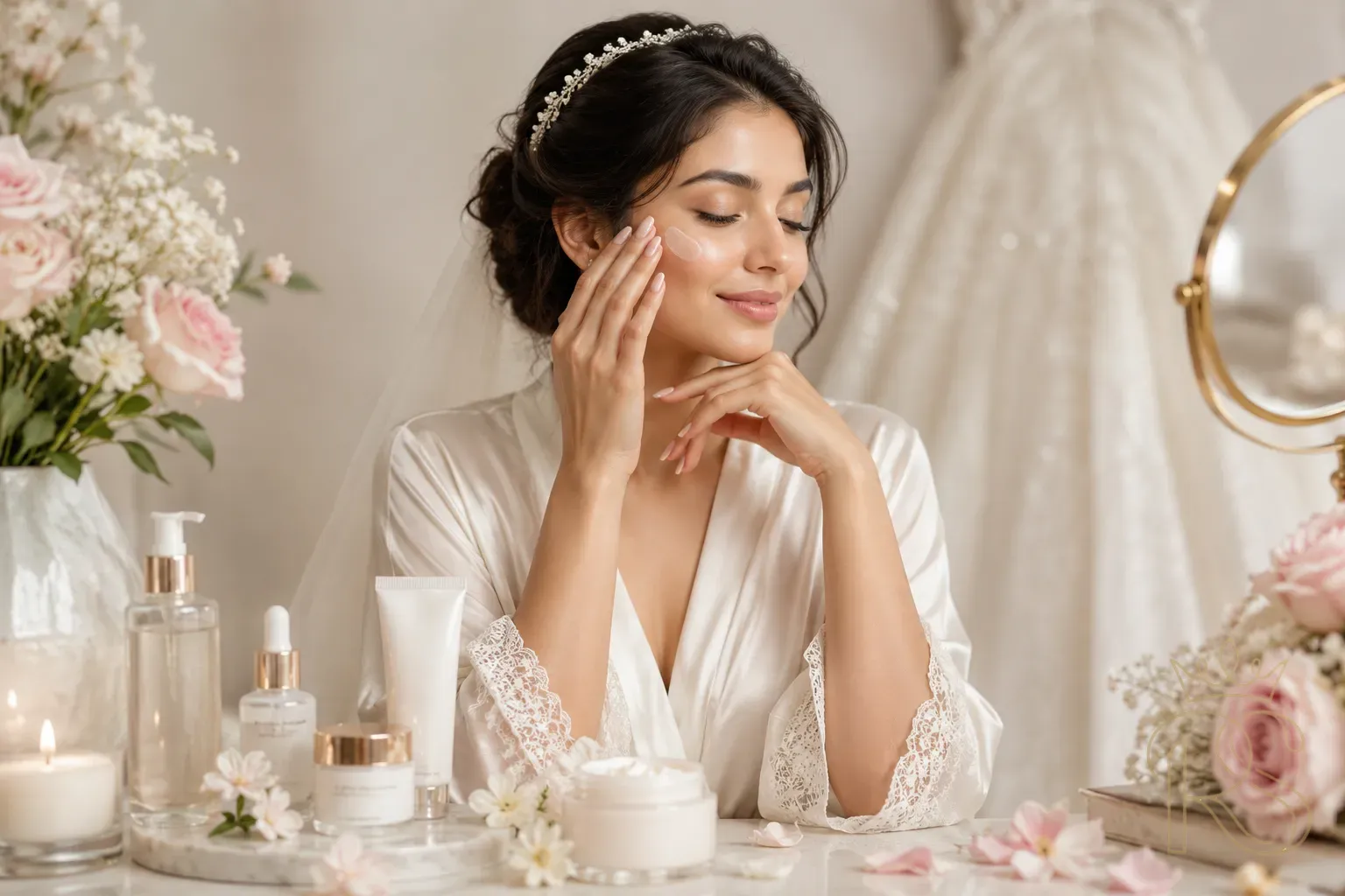 Complete bridal skincare routine — Indian bride with radiant glowing skin, natural lighting, skincare products arranged artfully, luxury beauty aesthetic, warm skin tones