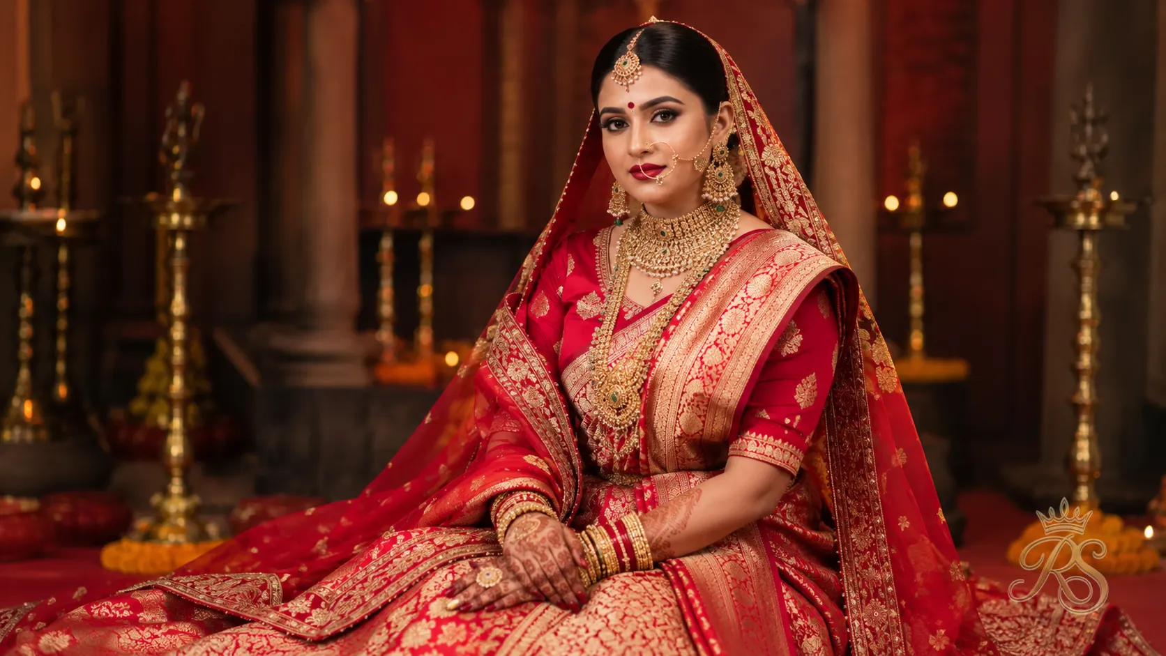 Bengali bridal lehenga with red and gold Benarasi-inspired embroidery