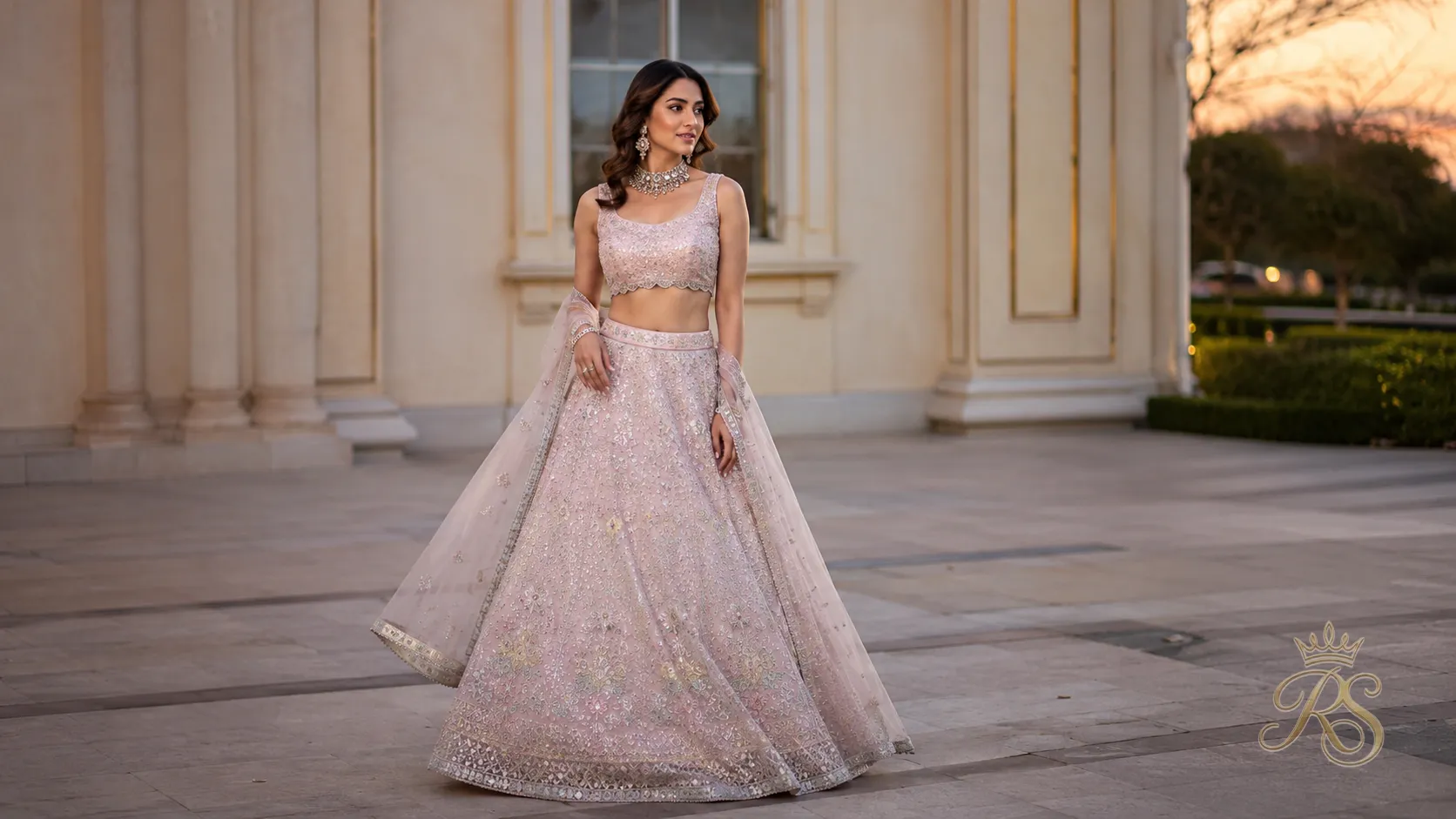 Cocktail lehenga look in pastel with modern cut, shorter blouse