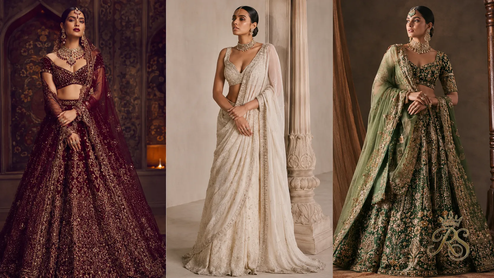 Collage of three couture bridal lehenga looks representing 2026 runway trends