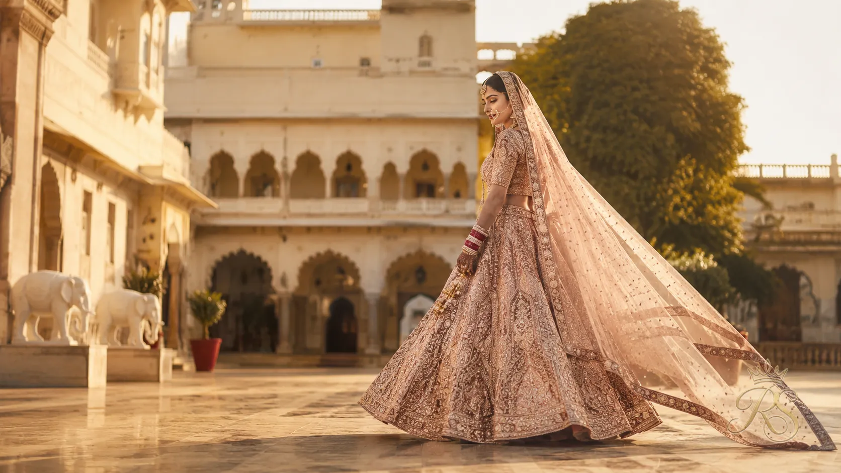 Bride in couture lehenga walking through palace courtyard, final hero style shot