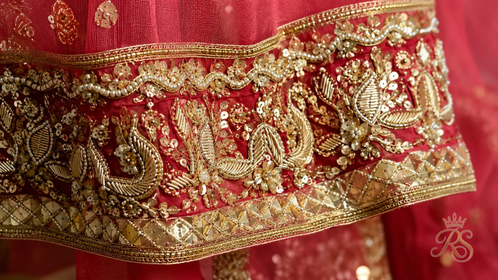 Hand embroidered bridal dupatta border detail with sequins and gota work