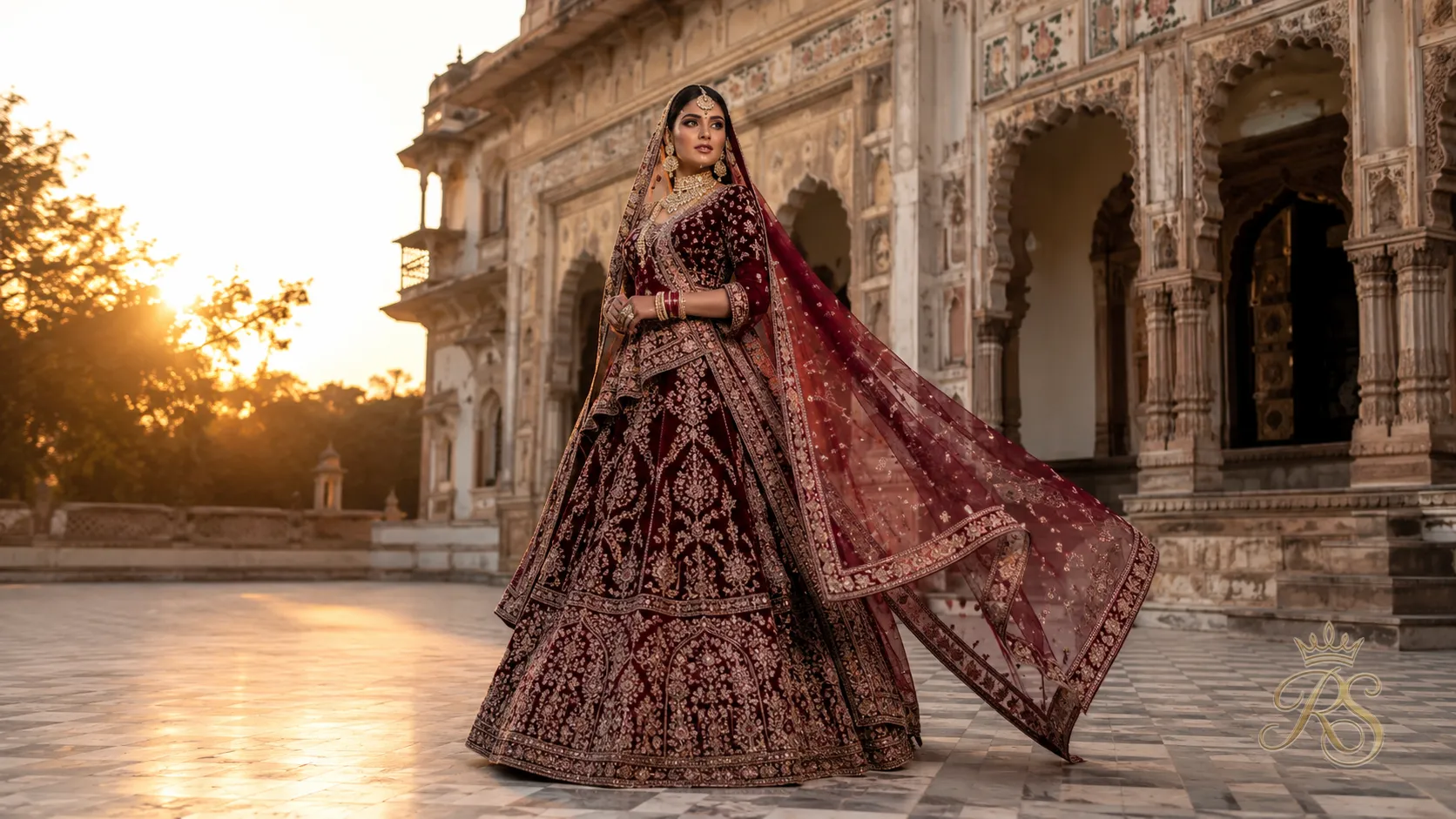 Bride in a couture embroidered bridal lehenga on a runway-style set, 2026 designer collection