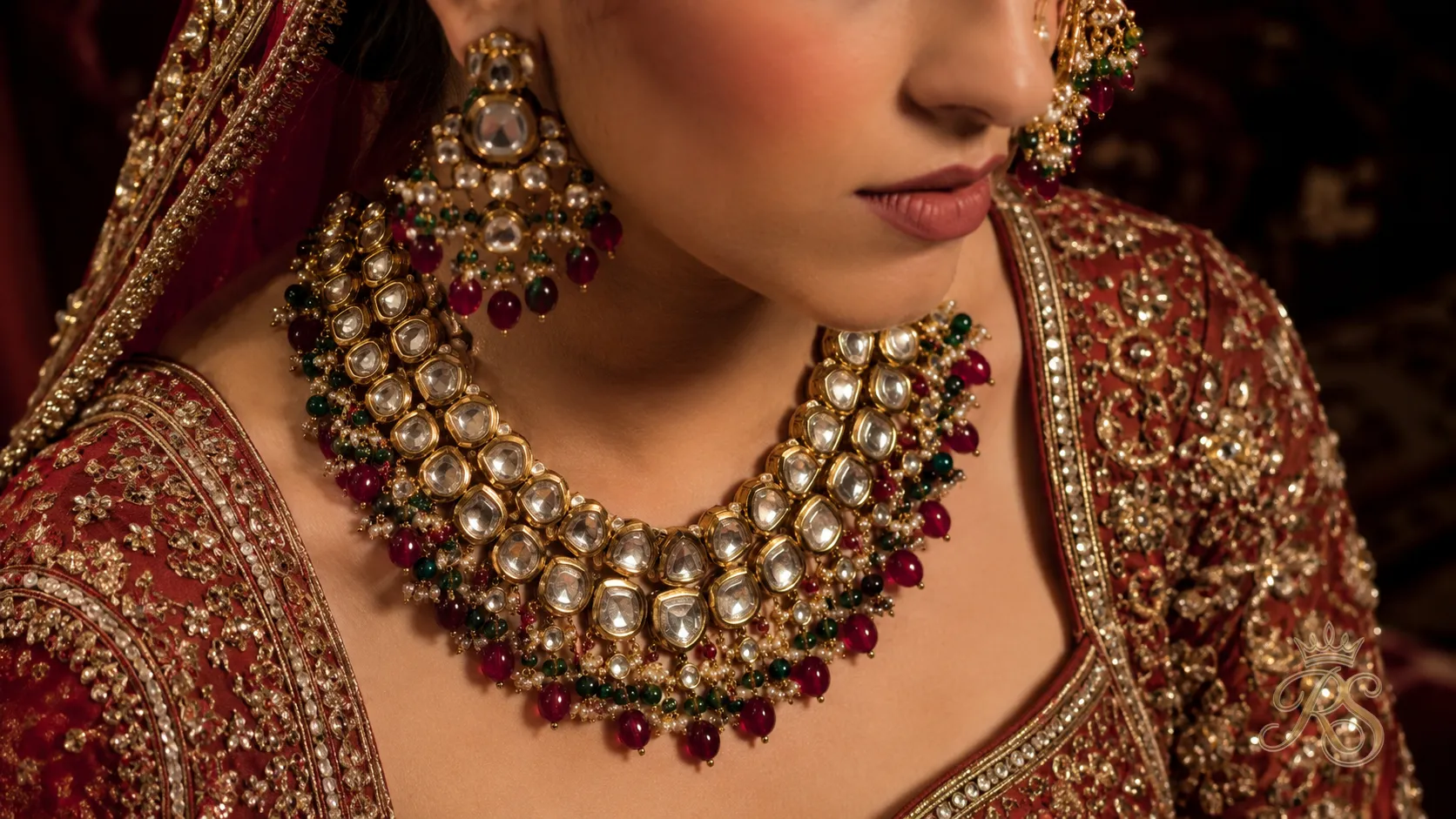 Kundan bridal jewelry set styled with couture lehenga, necklace and earrings