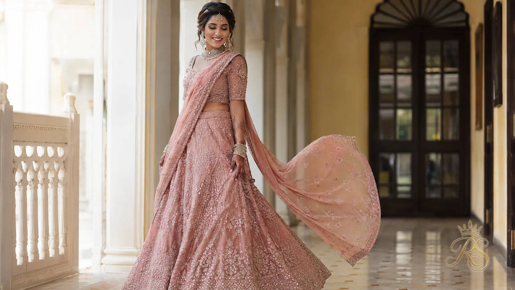 Lehenga saree drape silhouette combining pre-draped pallu with lehenga skirt