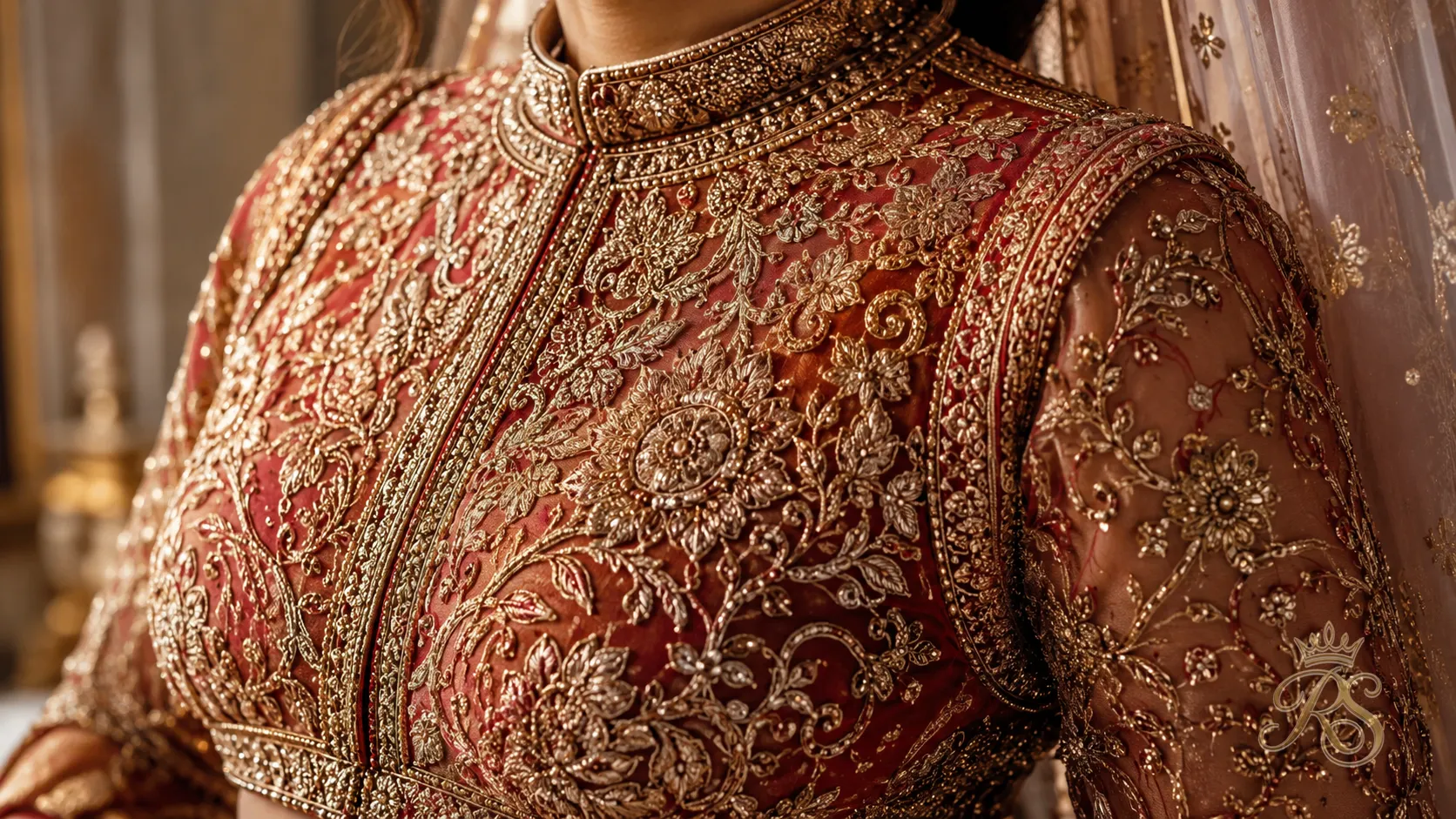 Close-up of copper zari embroidery detail on couture bridal lehenga blouse