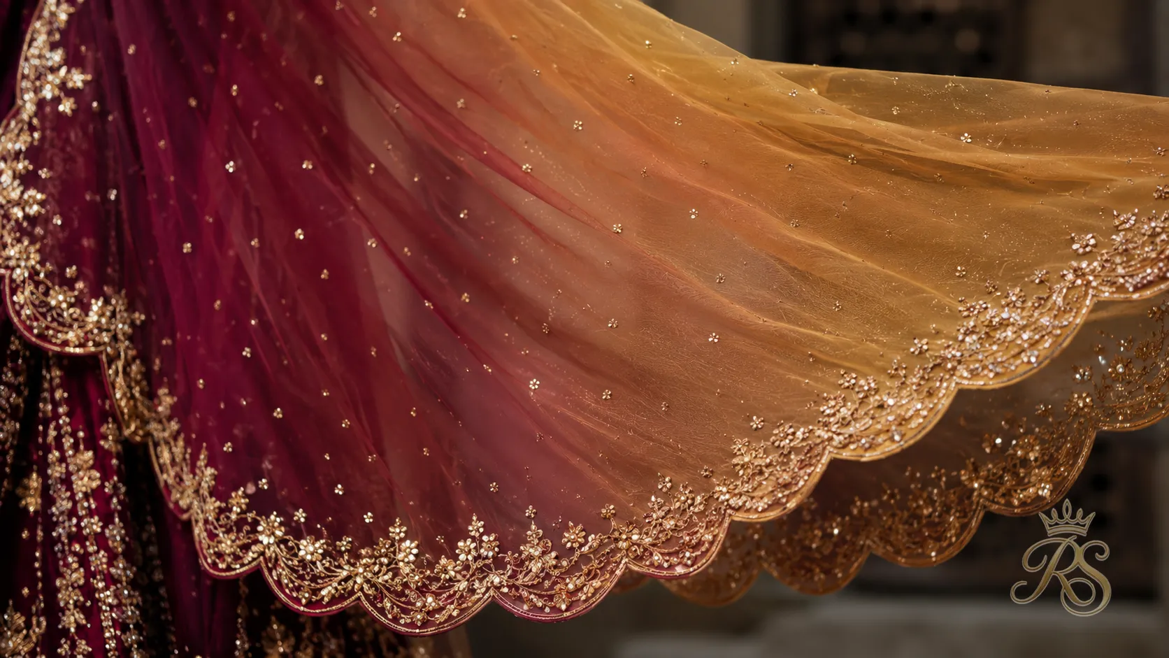 Bridal dupatta with ombre dye and scalloped gold border