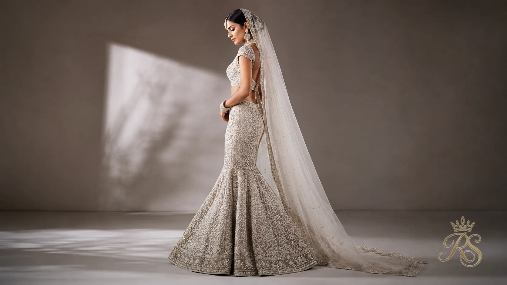 Mermaid or fishtail cut bridal lehenga silhouette with fitted waist and flared hem