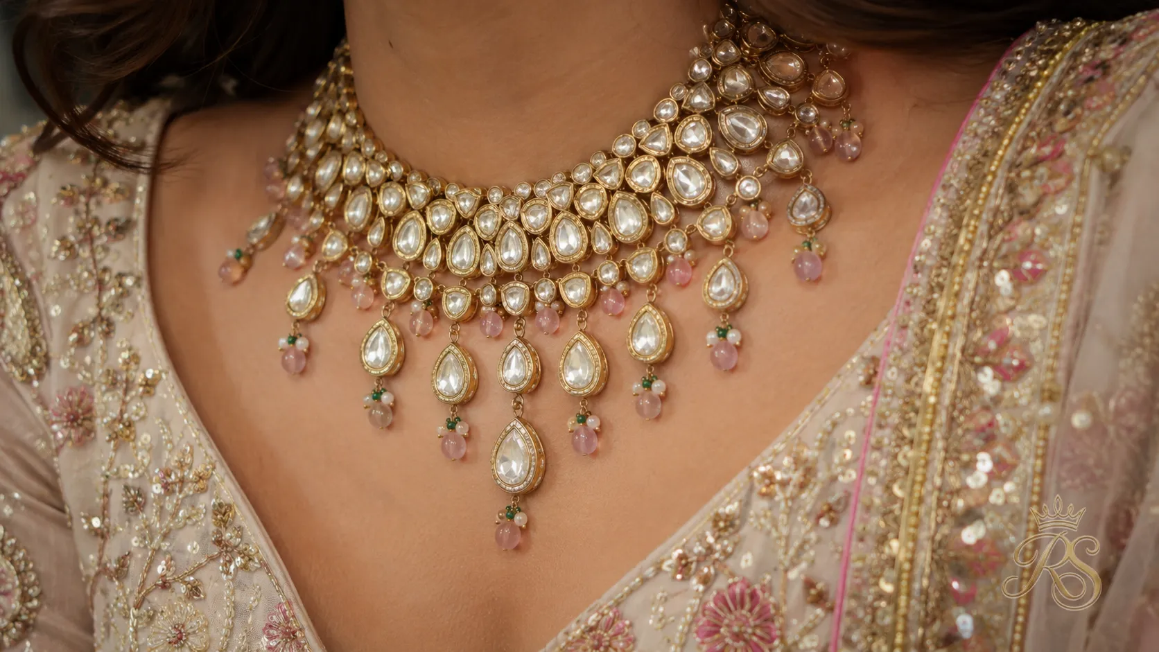 Polki diamond necklace styled with bridal lehenga blouse