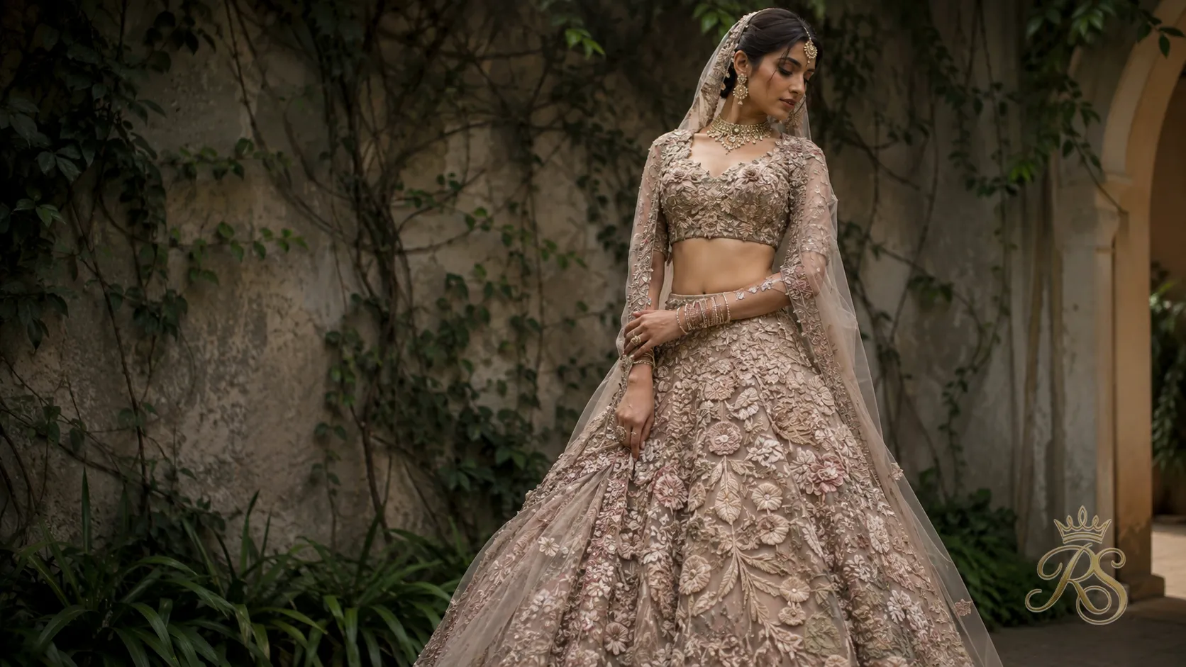 Rahul Mishra style bridal lehenga with 3D floral embroidery and nature motifs